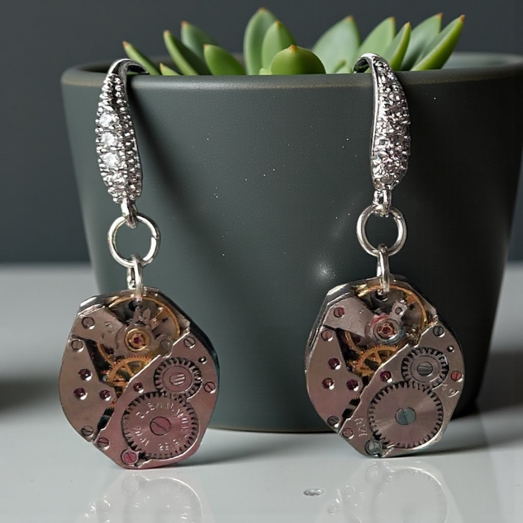 Steampunk vintage watch movement earrings