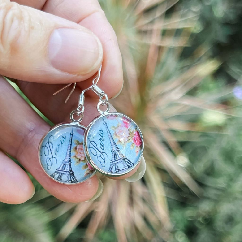 Paris Eiffel Tower Earrings • Blue Dangles Handmade with Paper and Glass