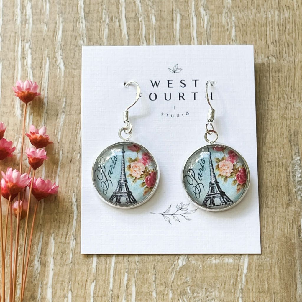 Paris Eiffel Tower Earrings • Blue Dangles Handmade with Paper and Glass