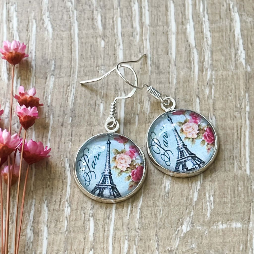 Paris Eiffel Tower Earrings • Blue Dangles Handmade with Paper and Glass