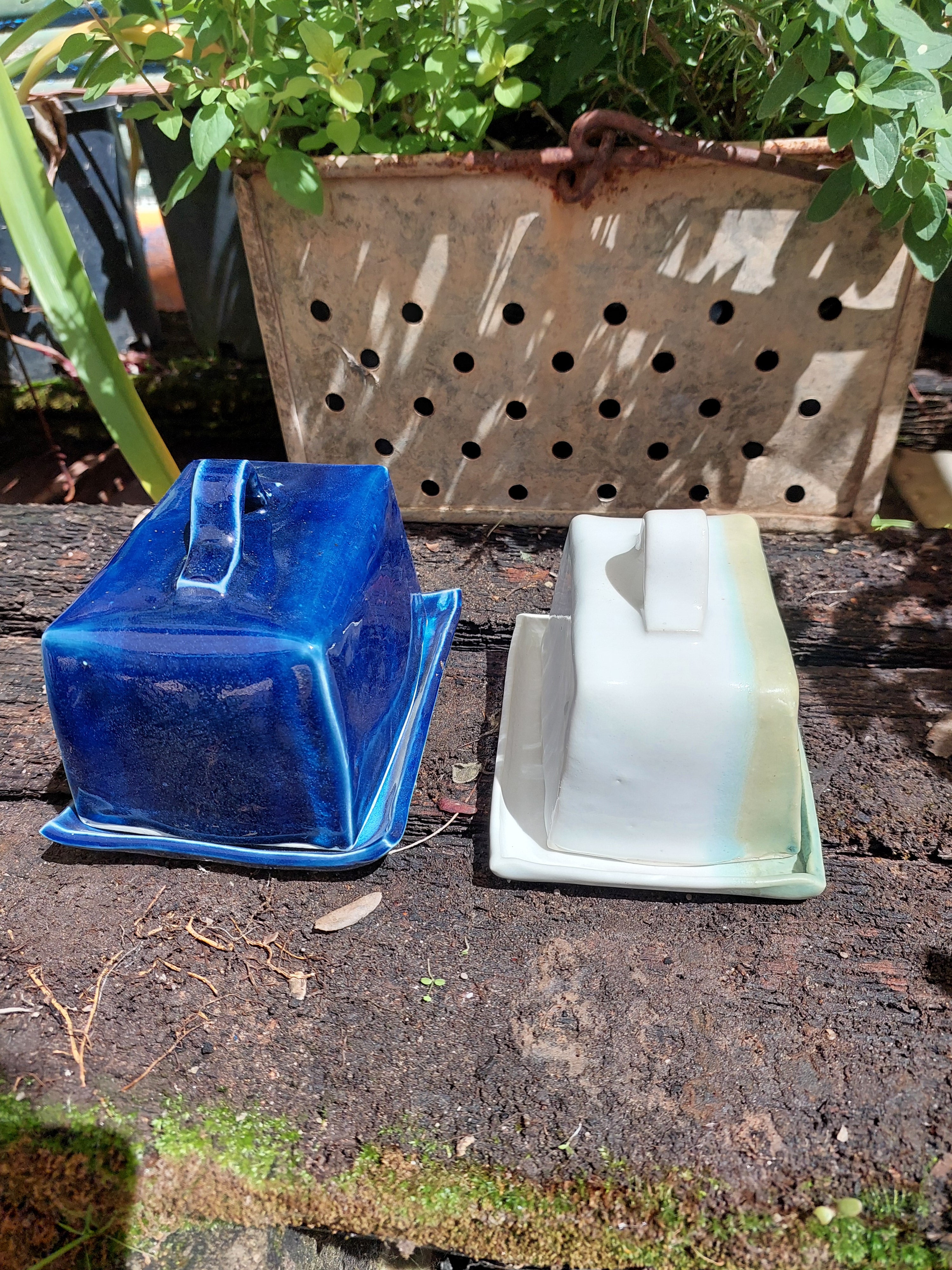 Blue butter dish