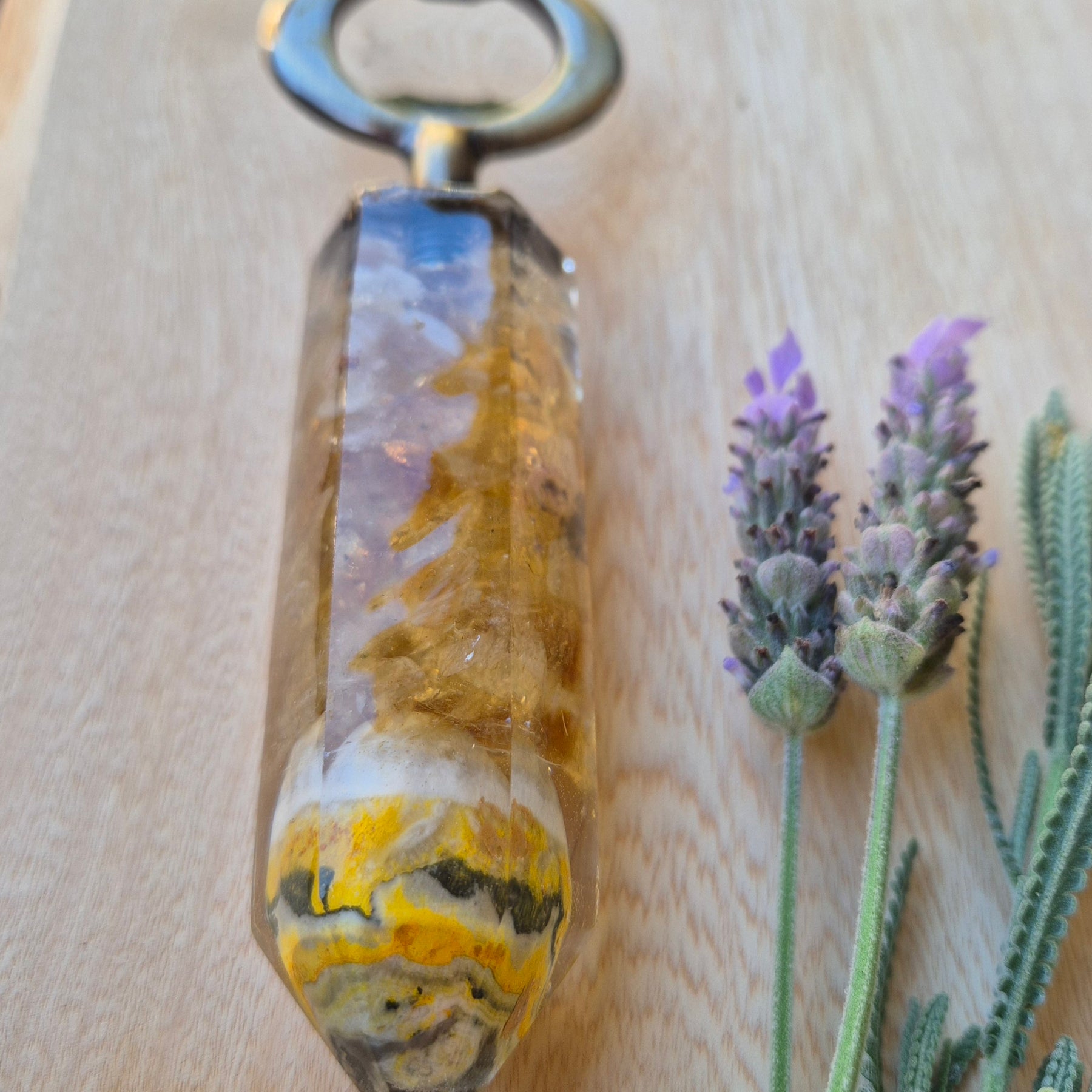 Handmade Resin Bottle Opener with embedded Jasper and Citrine