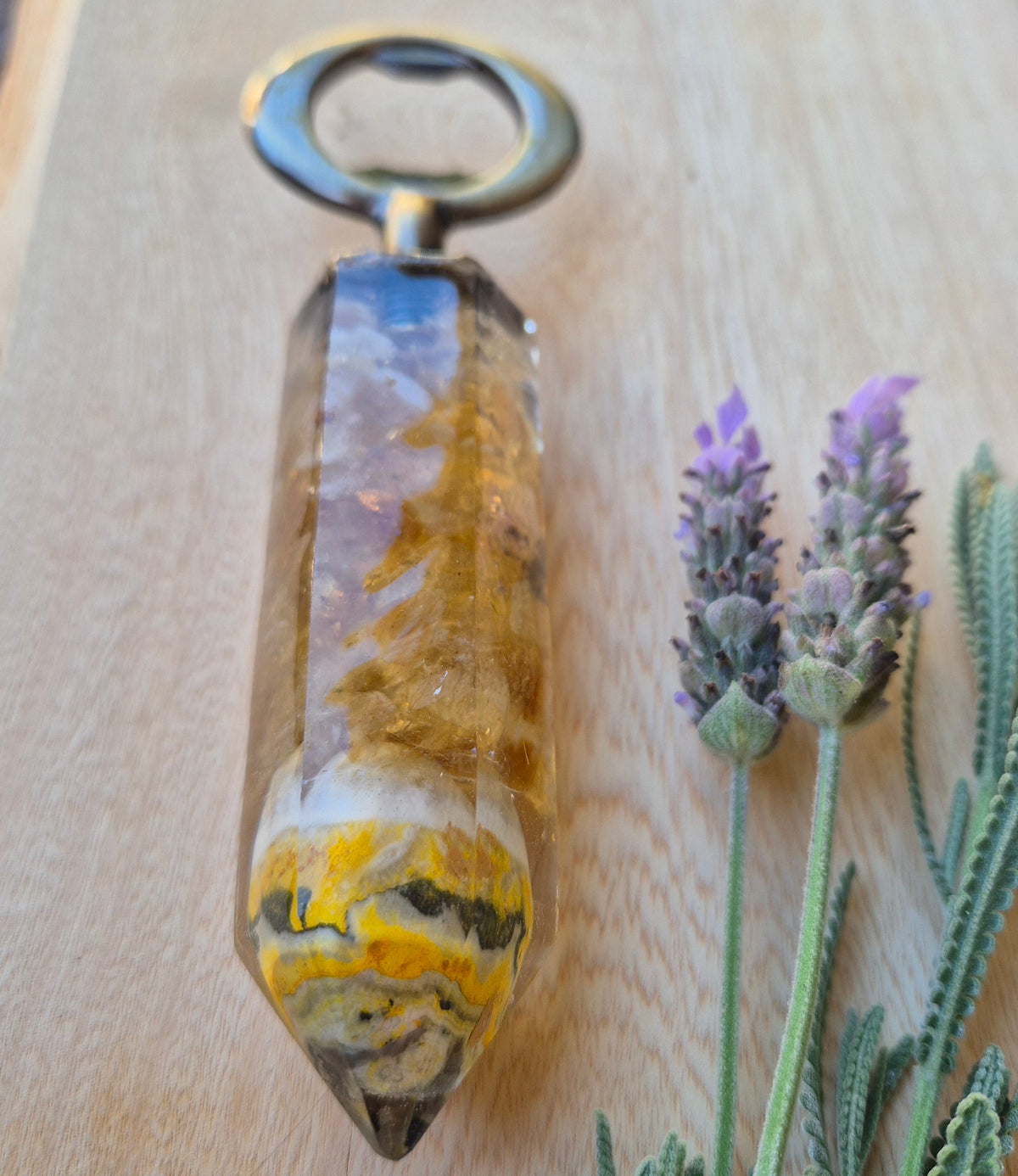 Handmade Resin Bottle Opener with embedded Jasper and Citrine