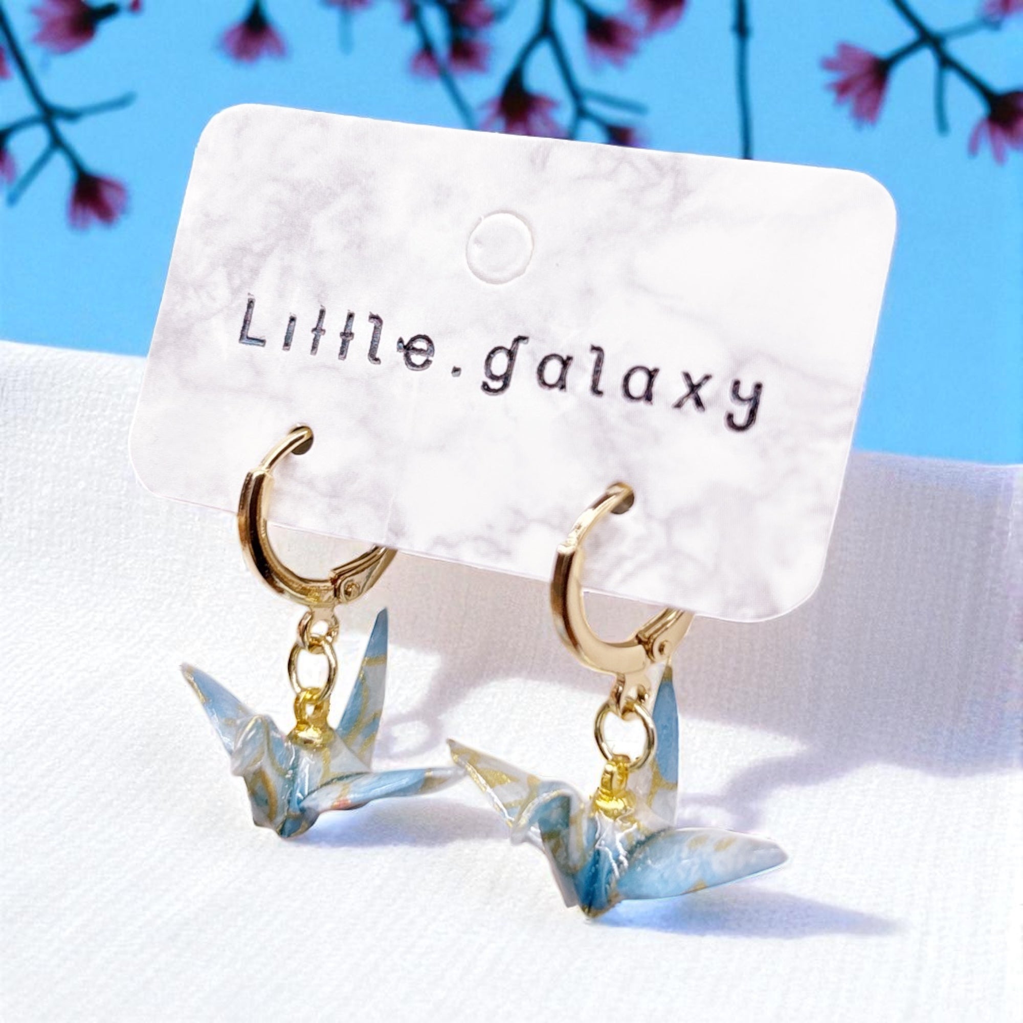 Handmade paper origami pearl crane earrings / ear clip on / 14k gold hoop