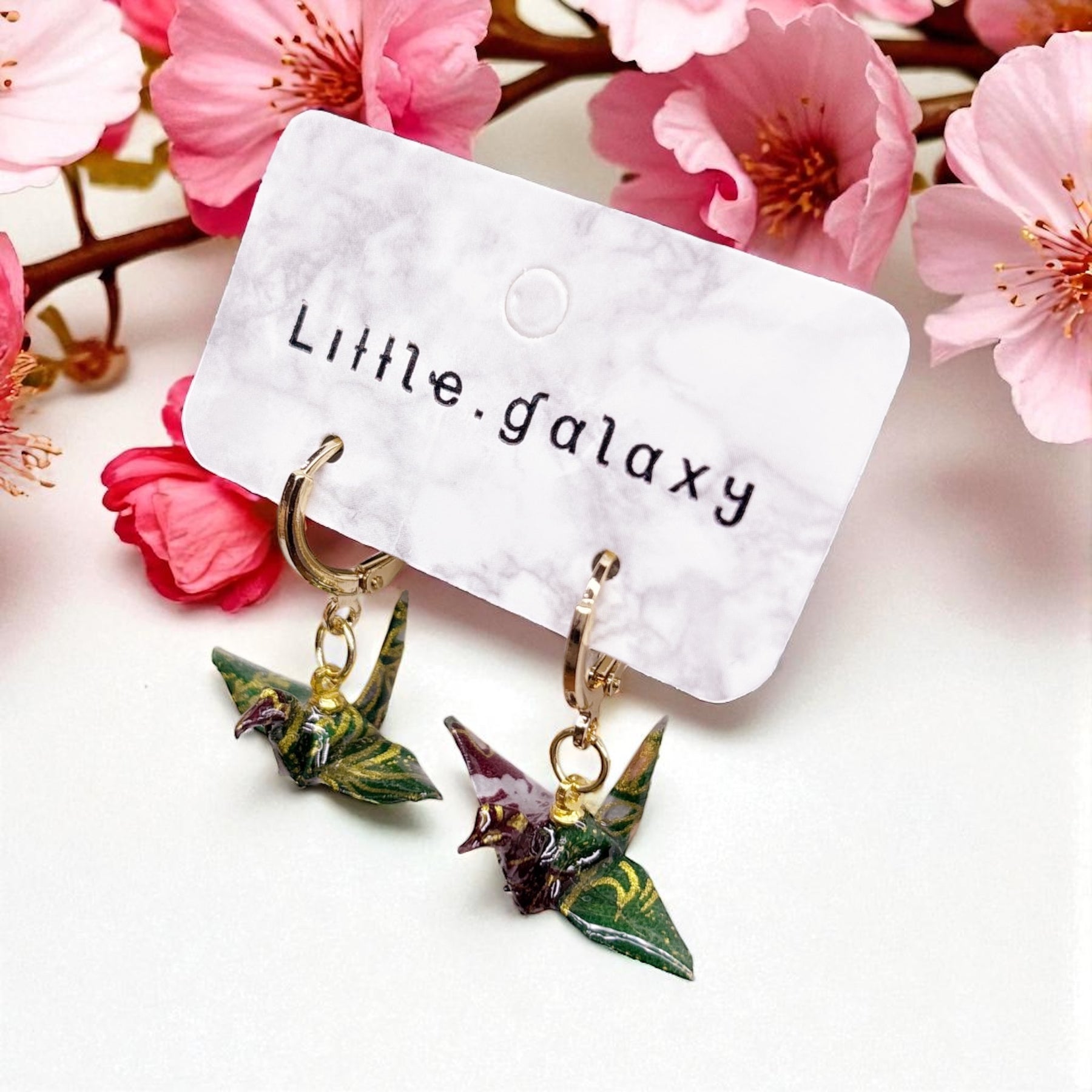 Handmade paper origami pearl crane earrings / ear clip on / 14k gold hoop