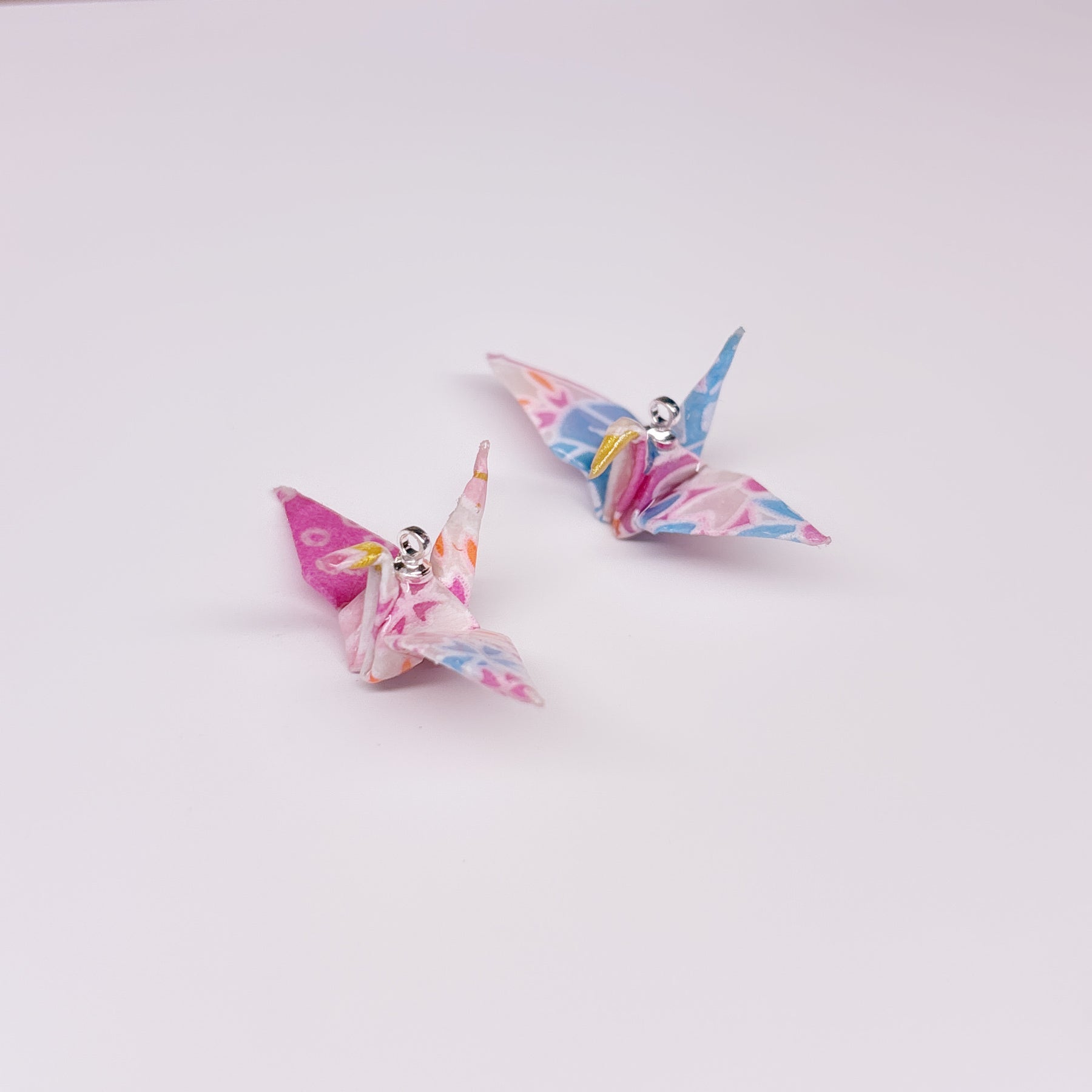 Handmade paper origami pearl crane earrings / ear clip on / 14k gold hoop