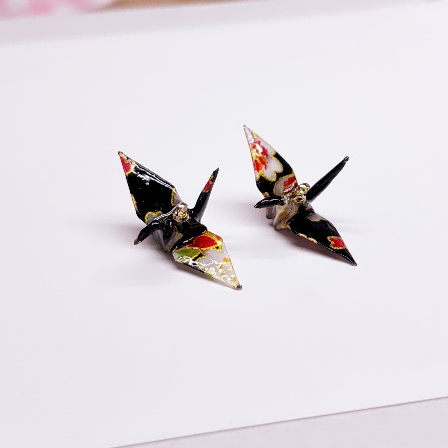 Handmade paper origami pearl crane earrings / ear clip on / 14k gold hoop