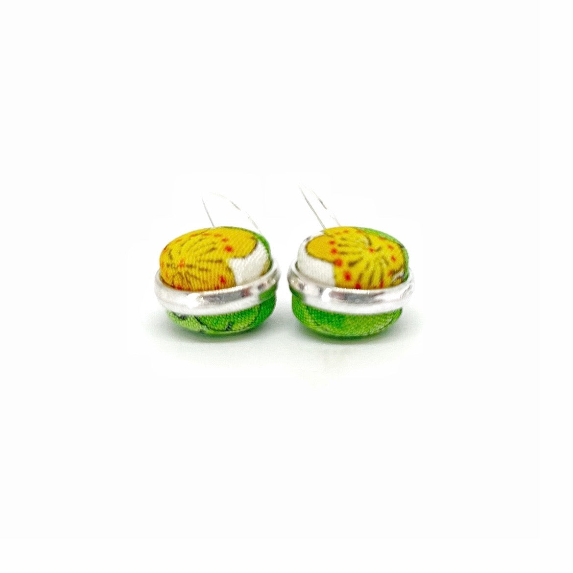 Double Sided Fabric Button Earrings - Green and Yellow