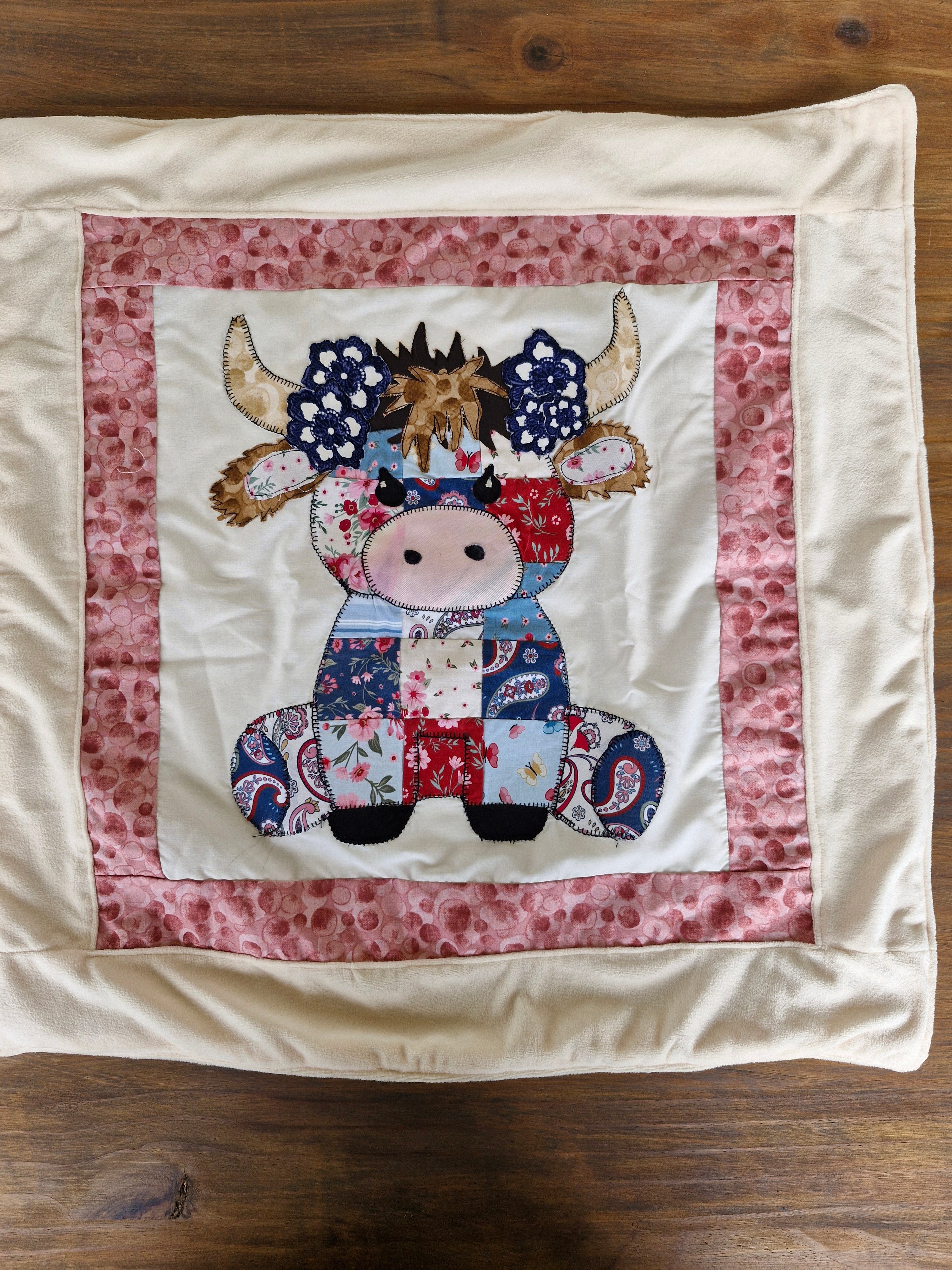 Pram size Highland Cow Patchwork front Baby Blanket