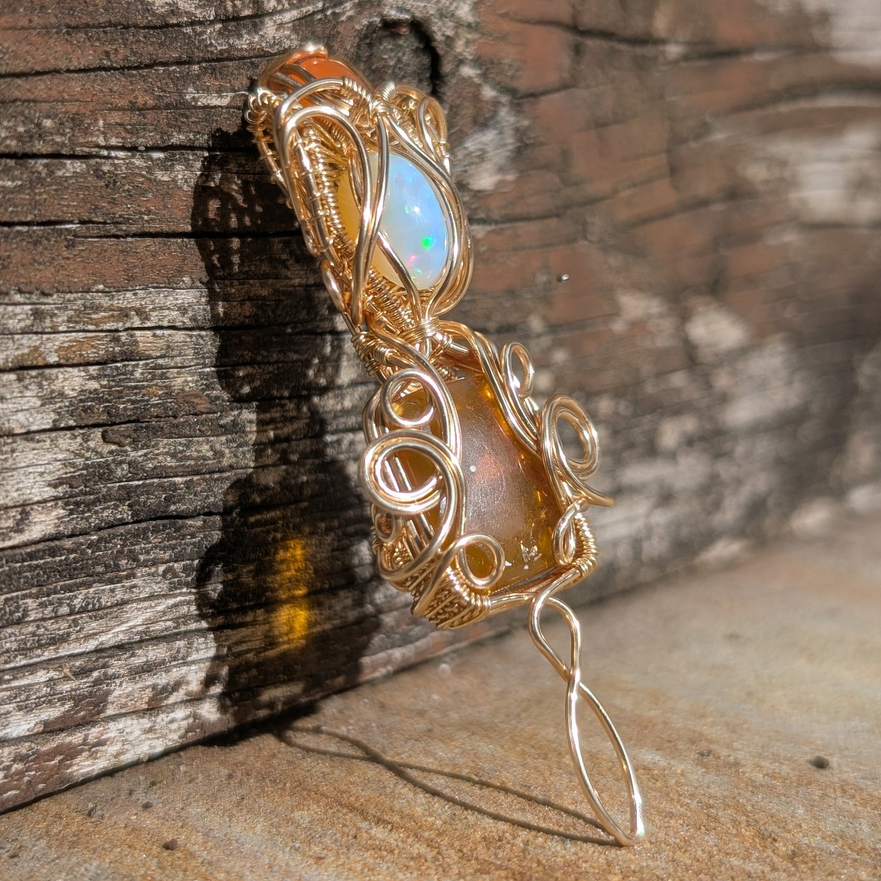 Puck - Ethiopian Opal, Golden Amber, & Carnelian in Gold Coloured Copper