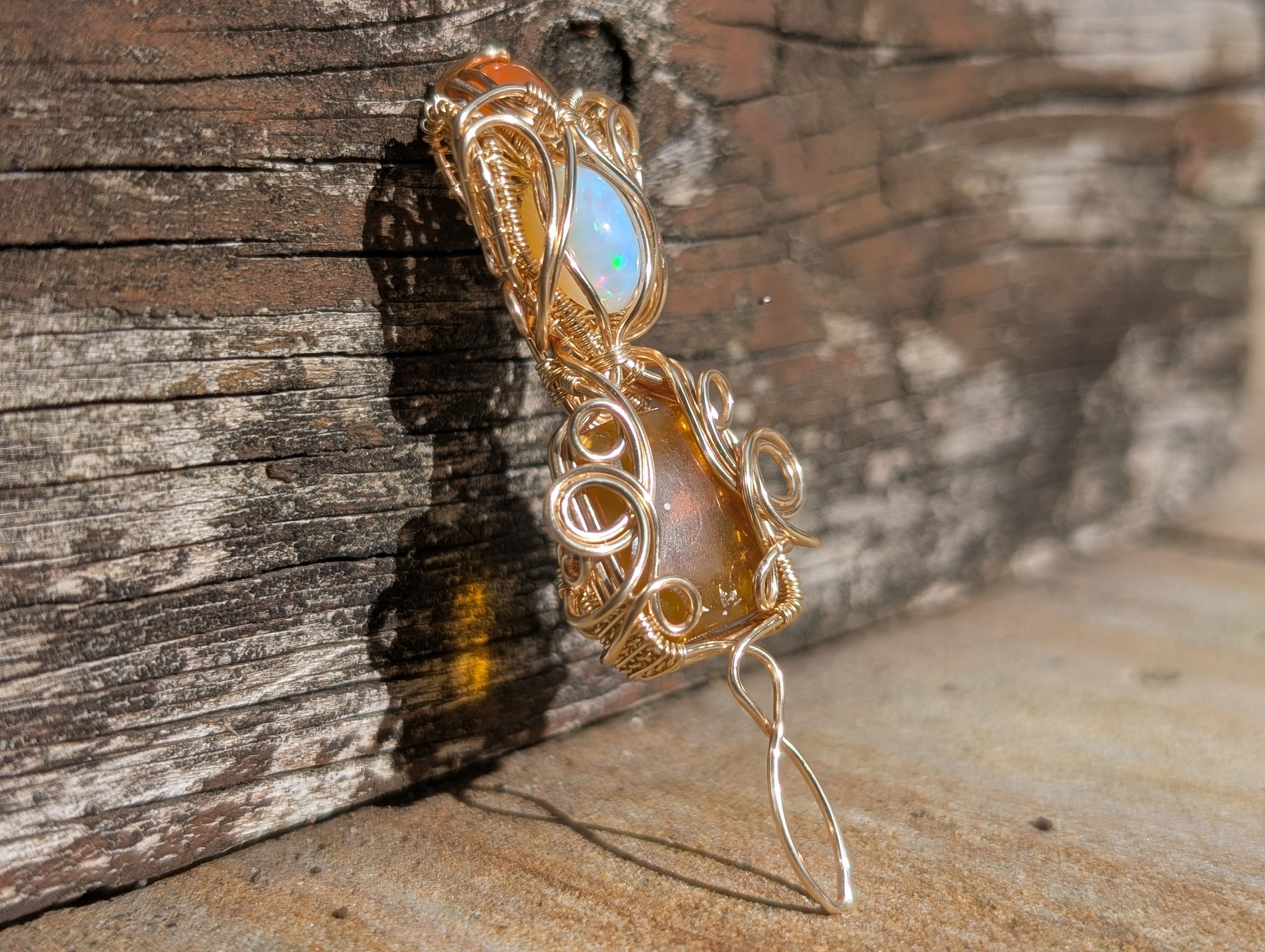 Puck - Ethiopian Opal, Golden Amber, & Carnelian in Gold Coloured Copper