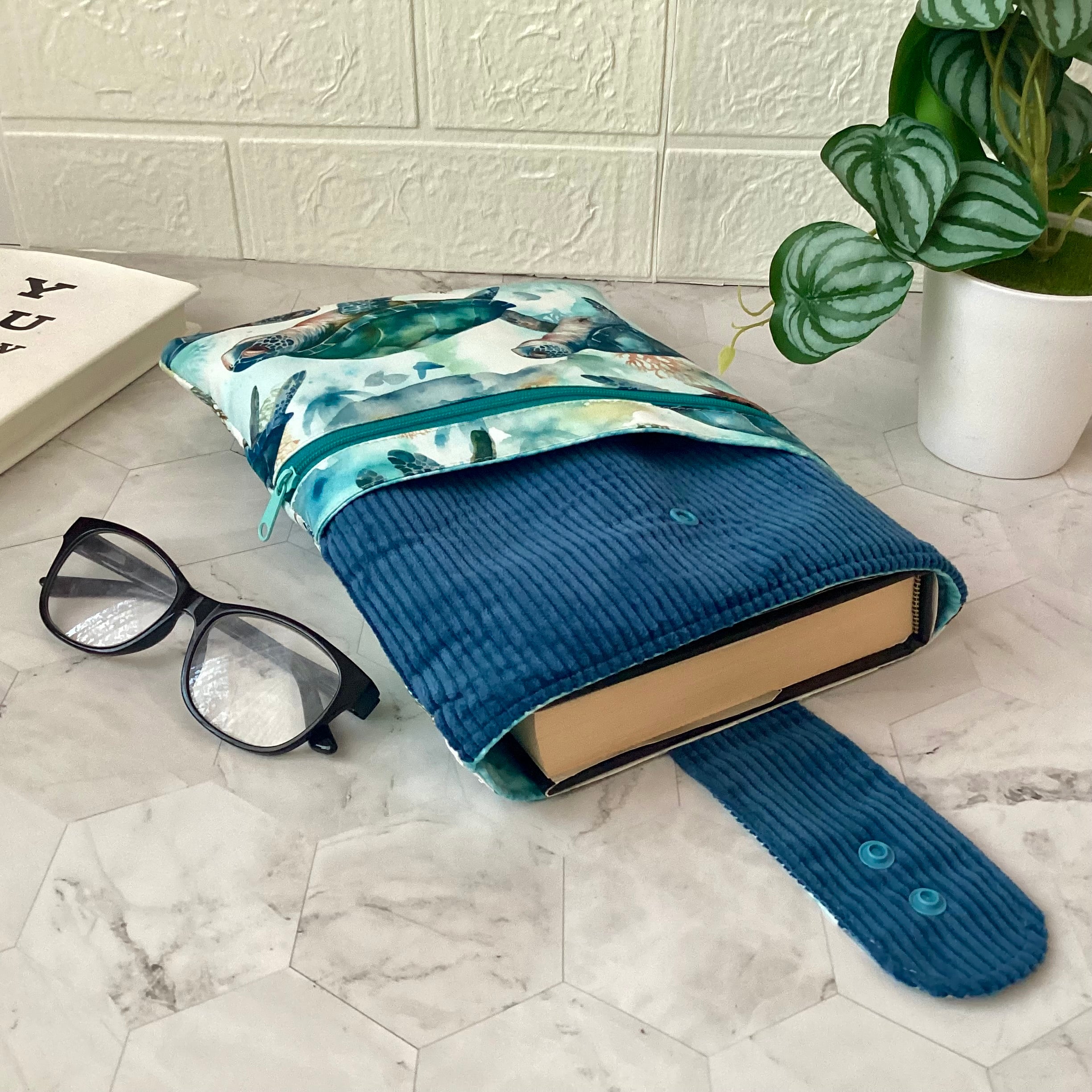 Sea turtle fabric book sleeve with 2 pockets. iPad, tablet pouch