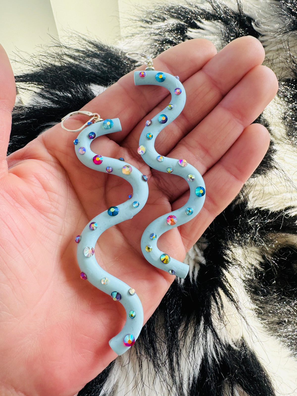 Pastel blue squiggle polymer clay earrings with holographic gems