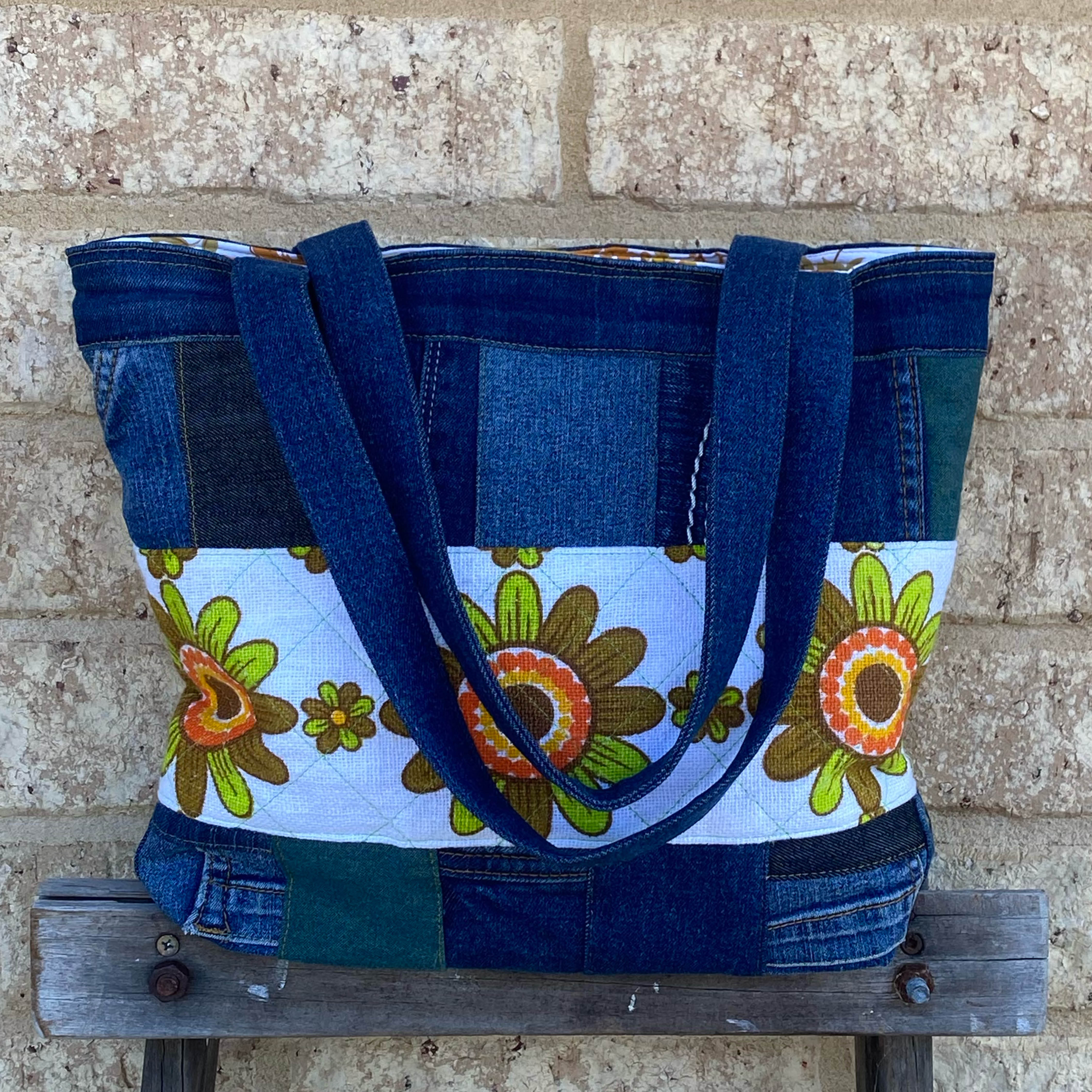 Reloved Petals Handmade Tote Bag Upcycled Vintage Fabrics & Denim