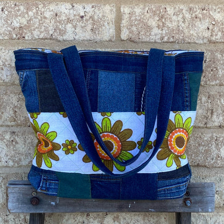 Reloved Petals Handmade Tote Bag Upcycled Vintage Fabrics & Denim