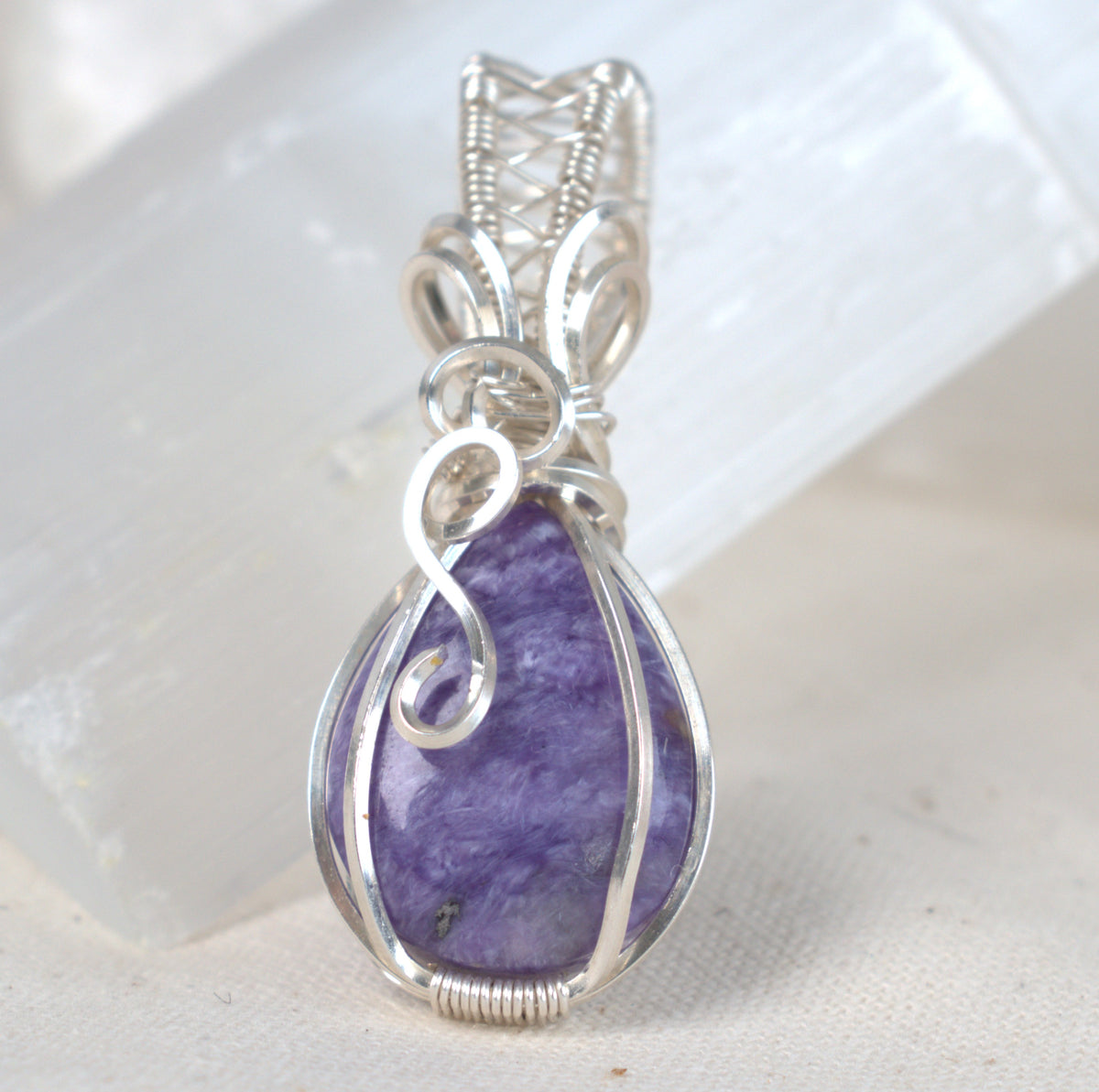 Wire Wrapped Charoite Keepsake Pendant