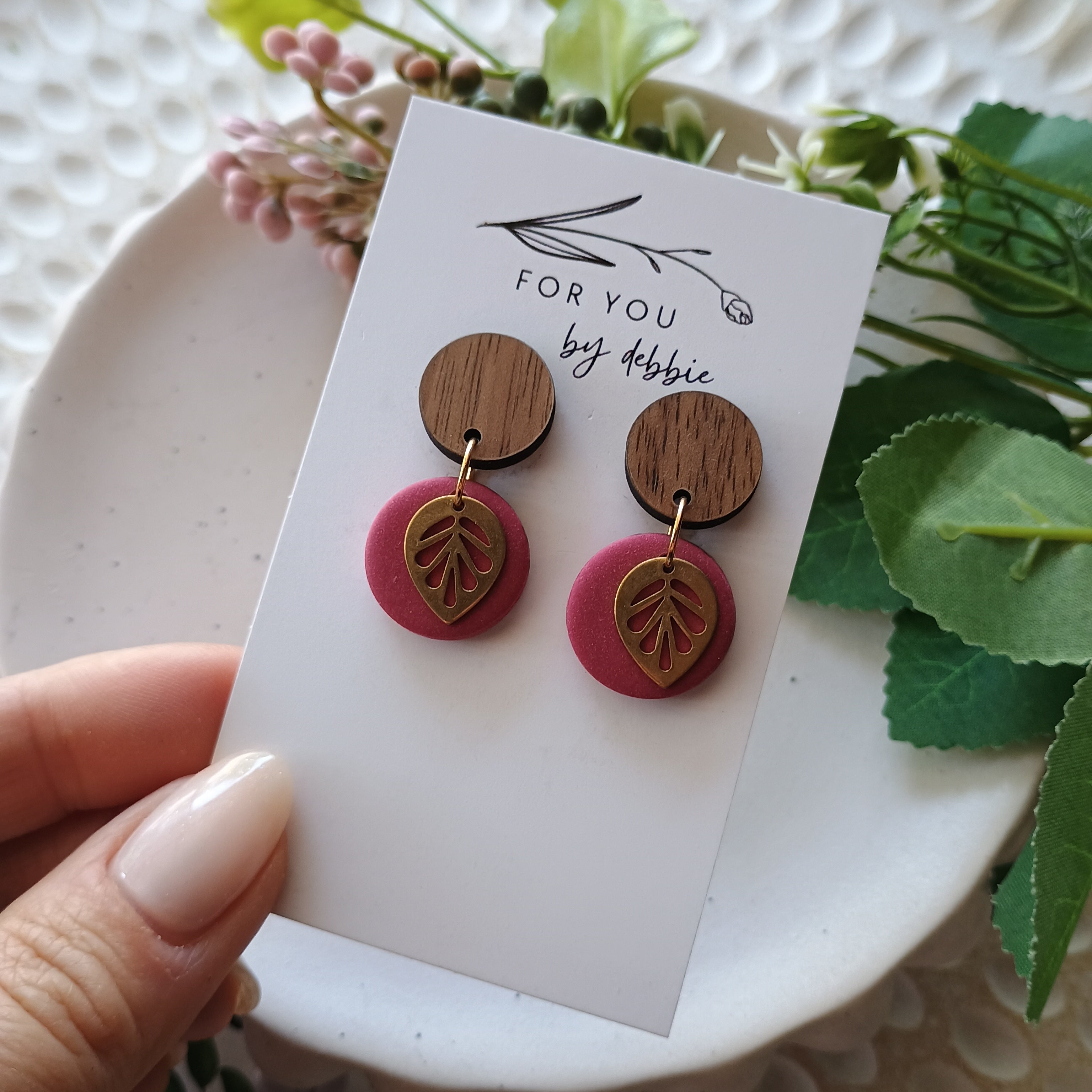 Vera brass leaf dangle earrings- red and wood stud