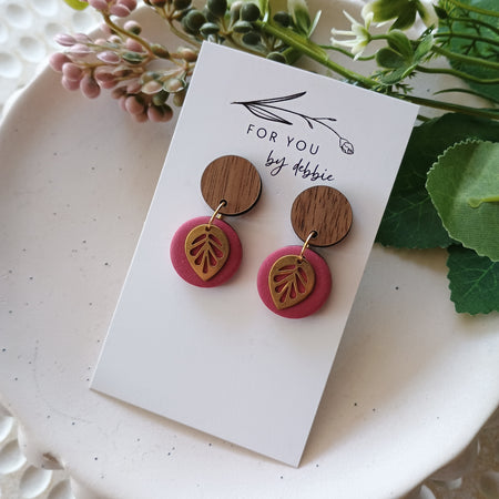 Vera brass leaf dangle earrings- red and wood stud