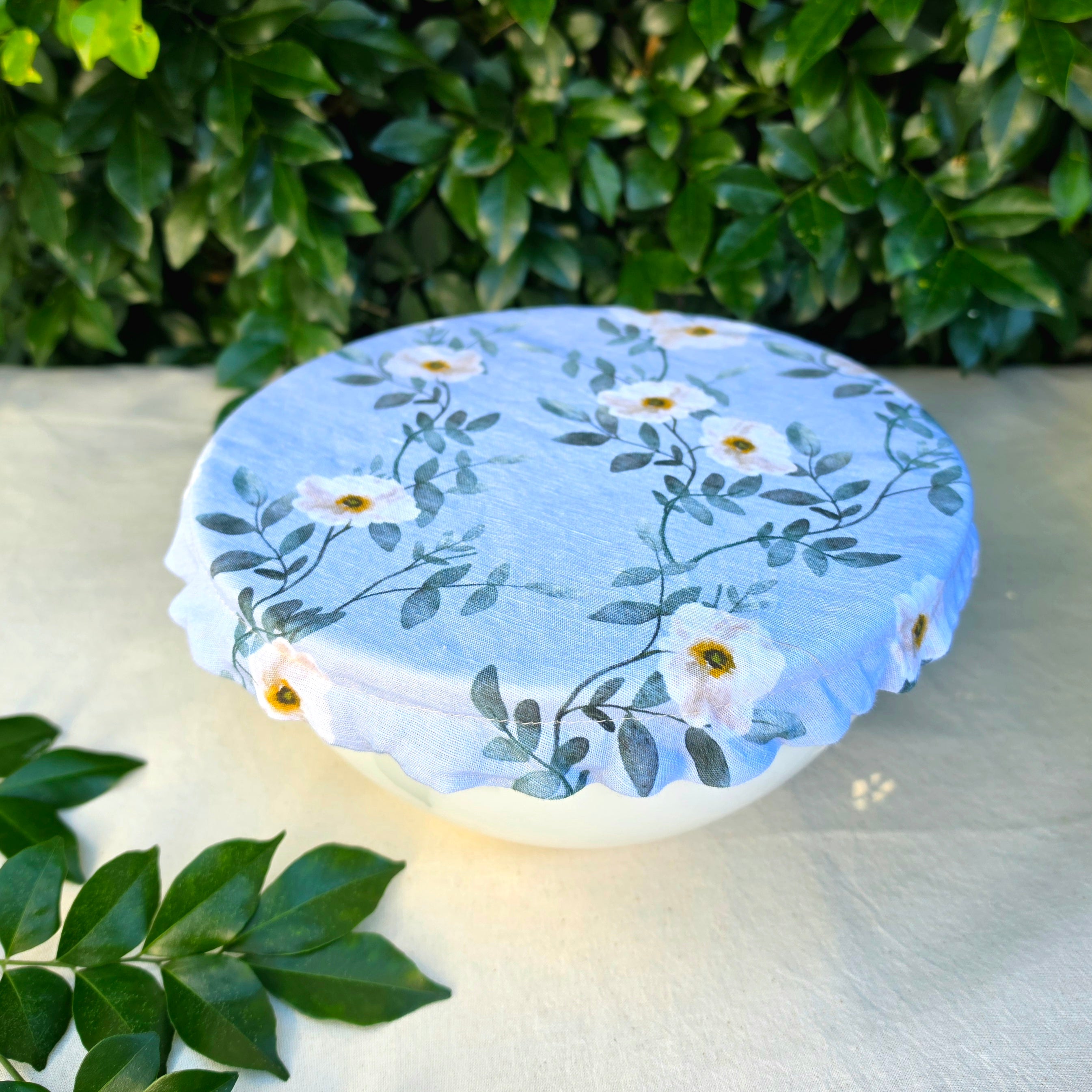 Reusable Linen & Cotton Bowl Cover Blue with Flowers