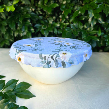 Reusable Linen & Cotton Bowl Cover Blue with Flowers