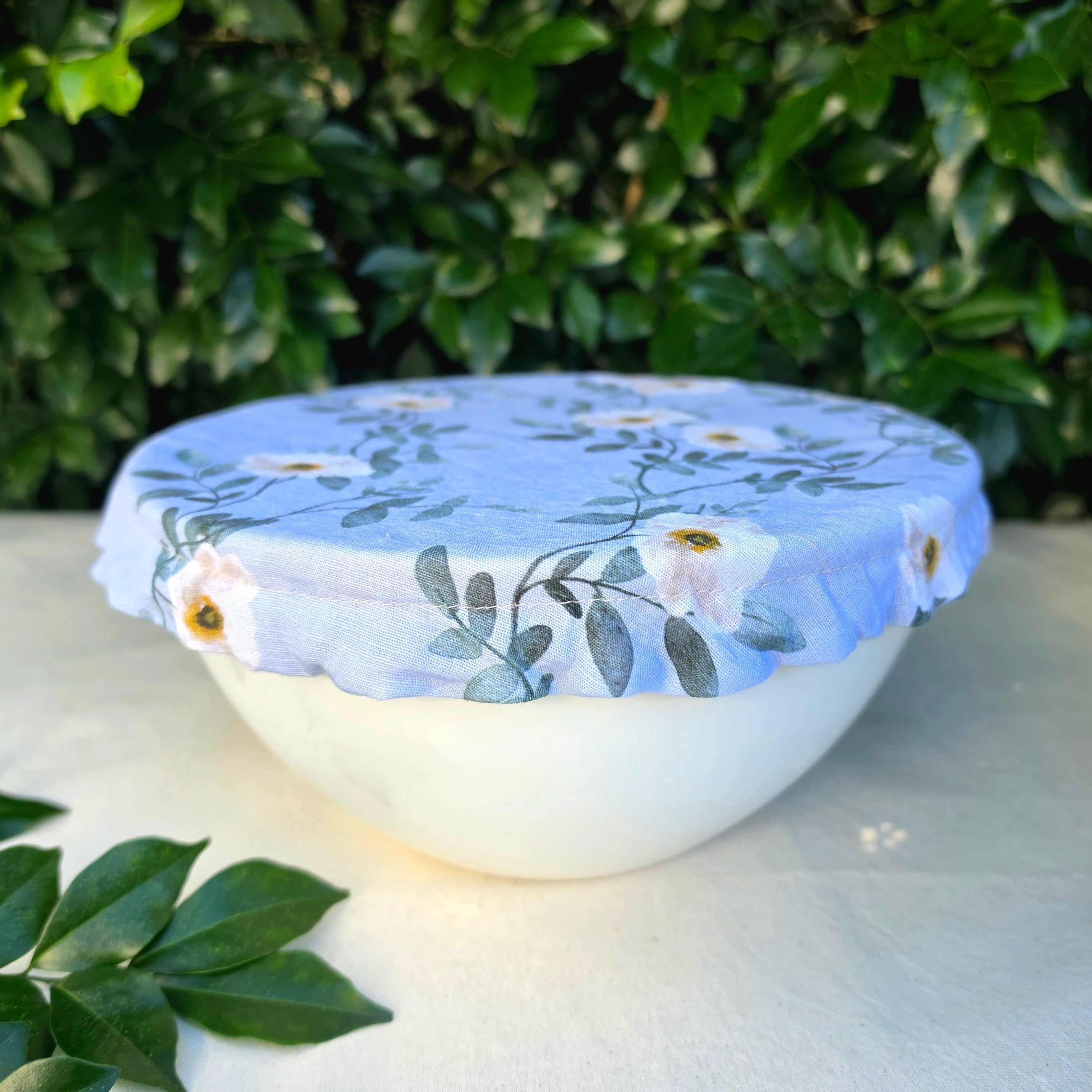 Reusable Linen & Cotton Bowl Cover Blue with Flowers