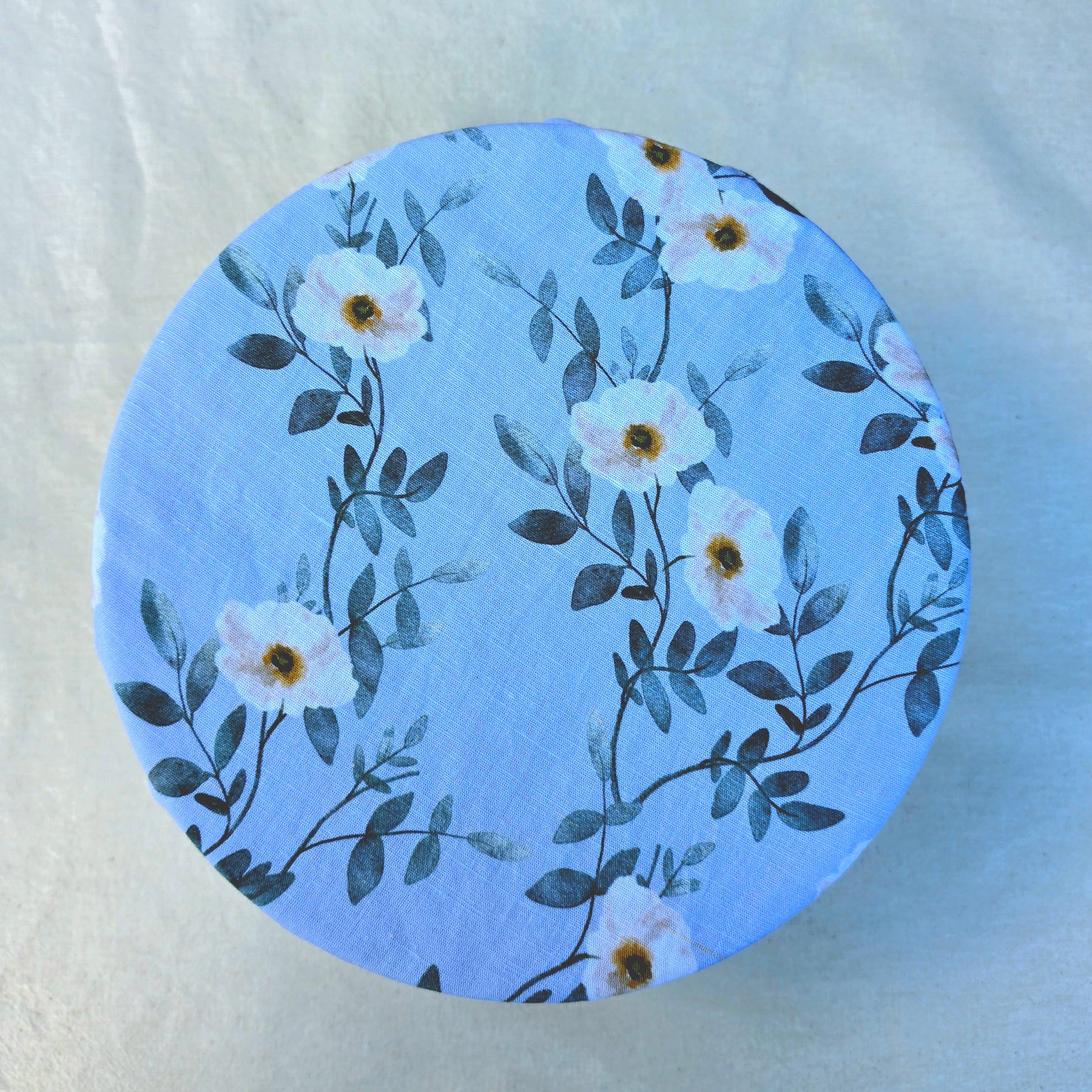 Reusable Linen & Cotton Bowl Cover Blue with Flowers