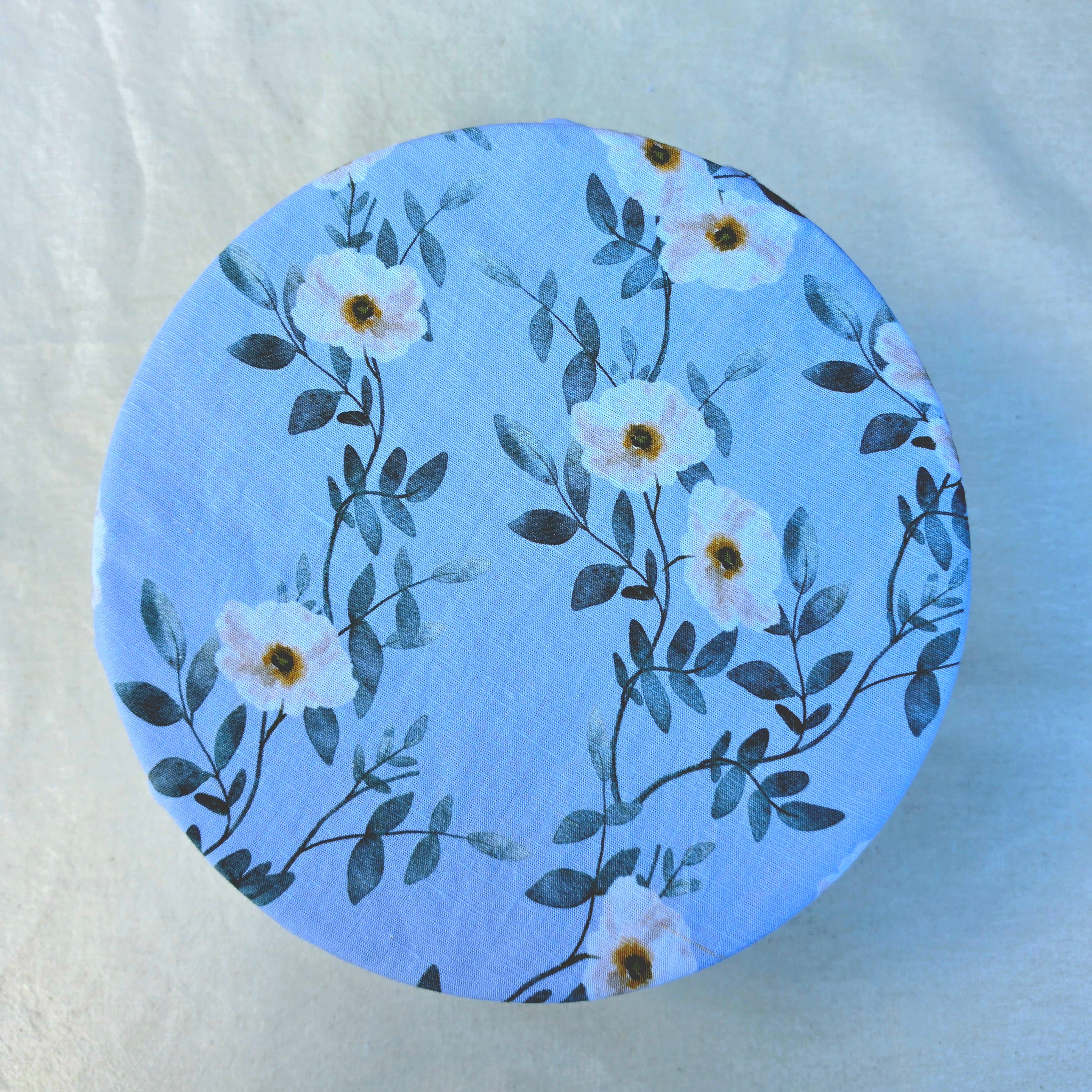Reusable Linen & Cotton Bowl Cover Blue with Flowers