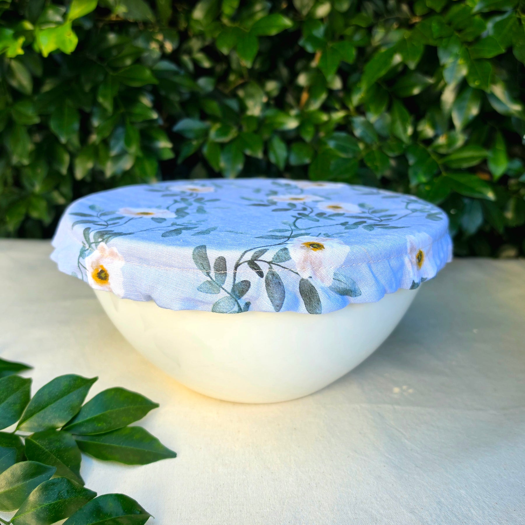 Reusable Linen & Cotton Bowl Cover Blue with Flowers
