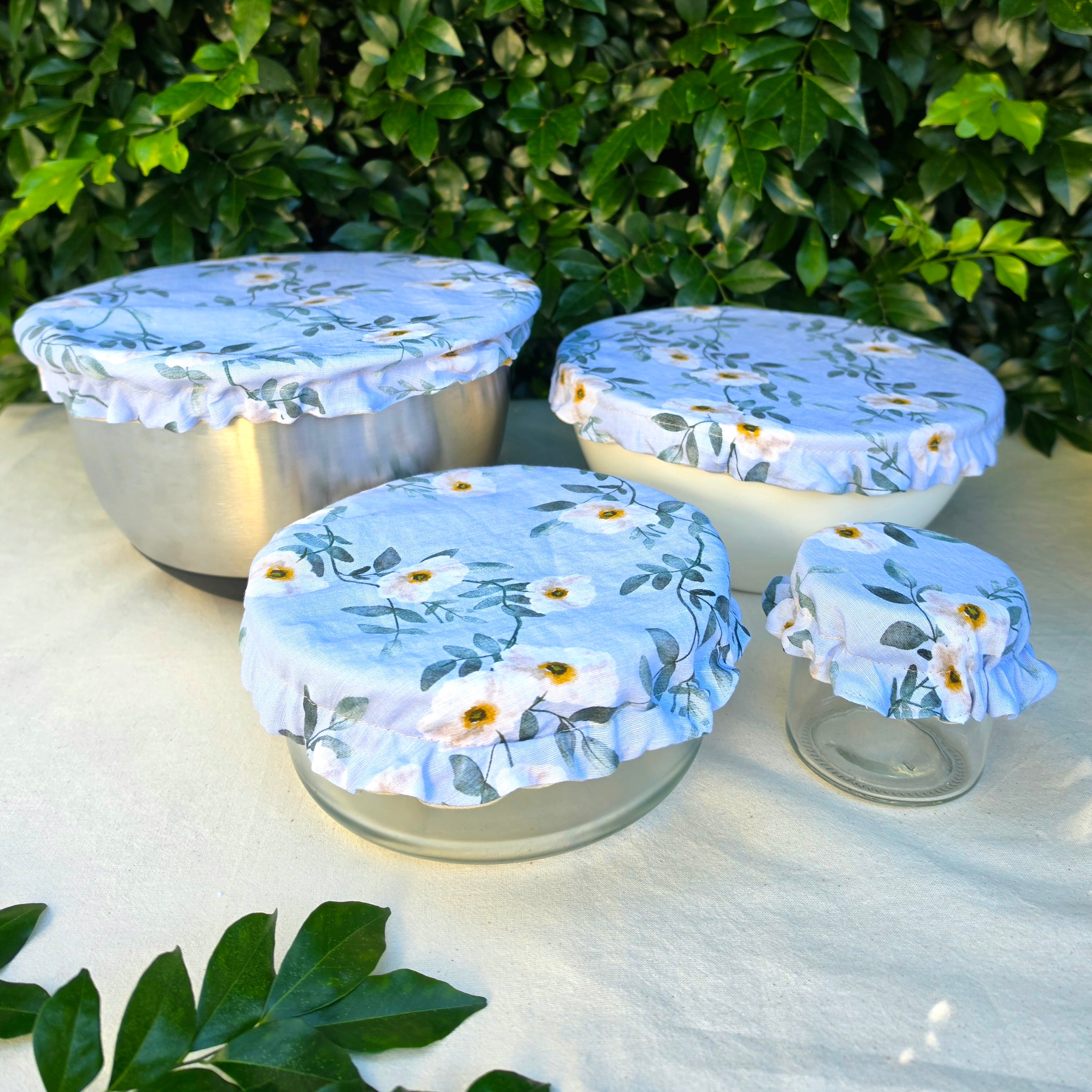 Reusable Linen & Cotton Bowl Cover Blue with Flowers