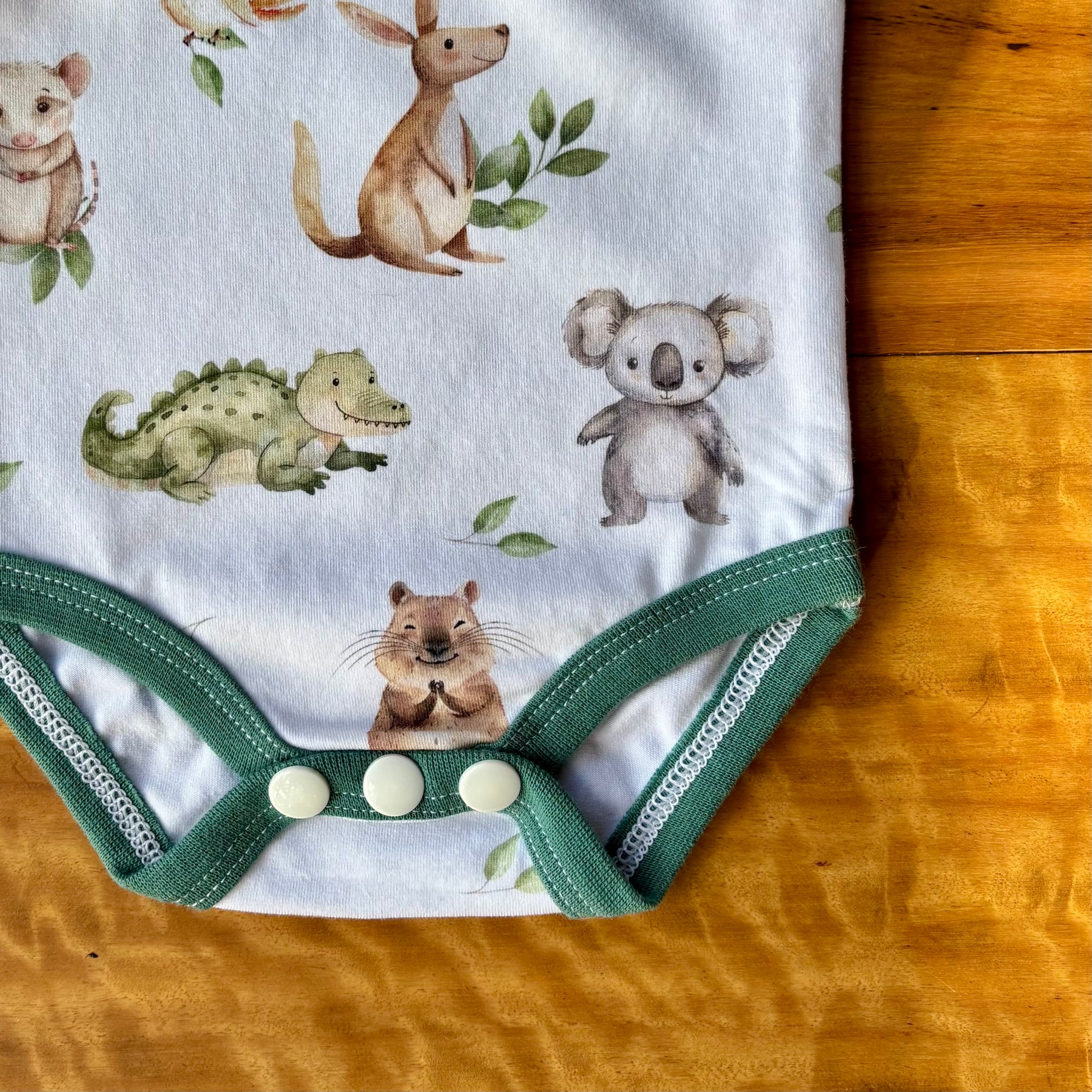 Baby Tank Bodysuit | Green Aussie Animals | Size premmie to 2 | Made to order
