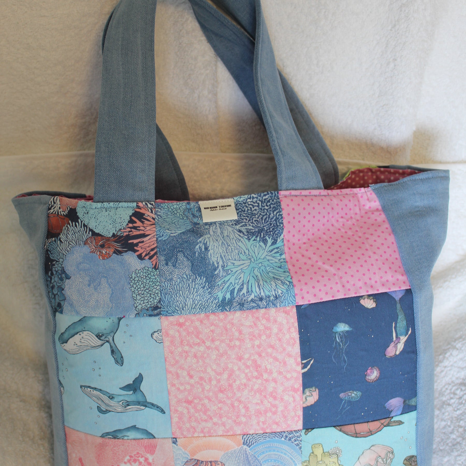 'UNDER THE SEA' TOTE BAG - LIGHT BLUE DENIM - FLAT HANDLES