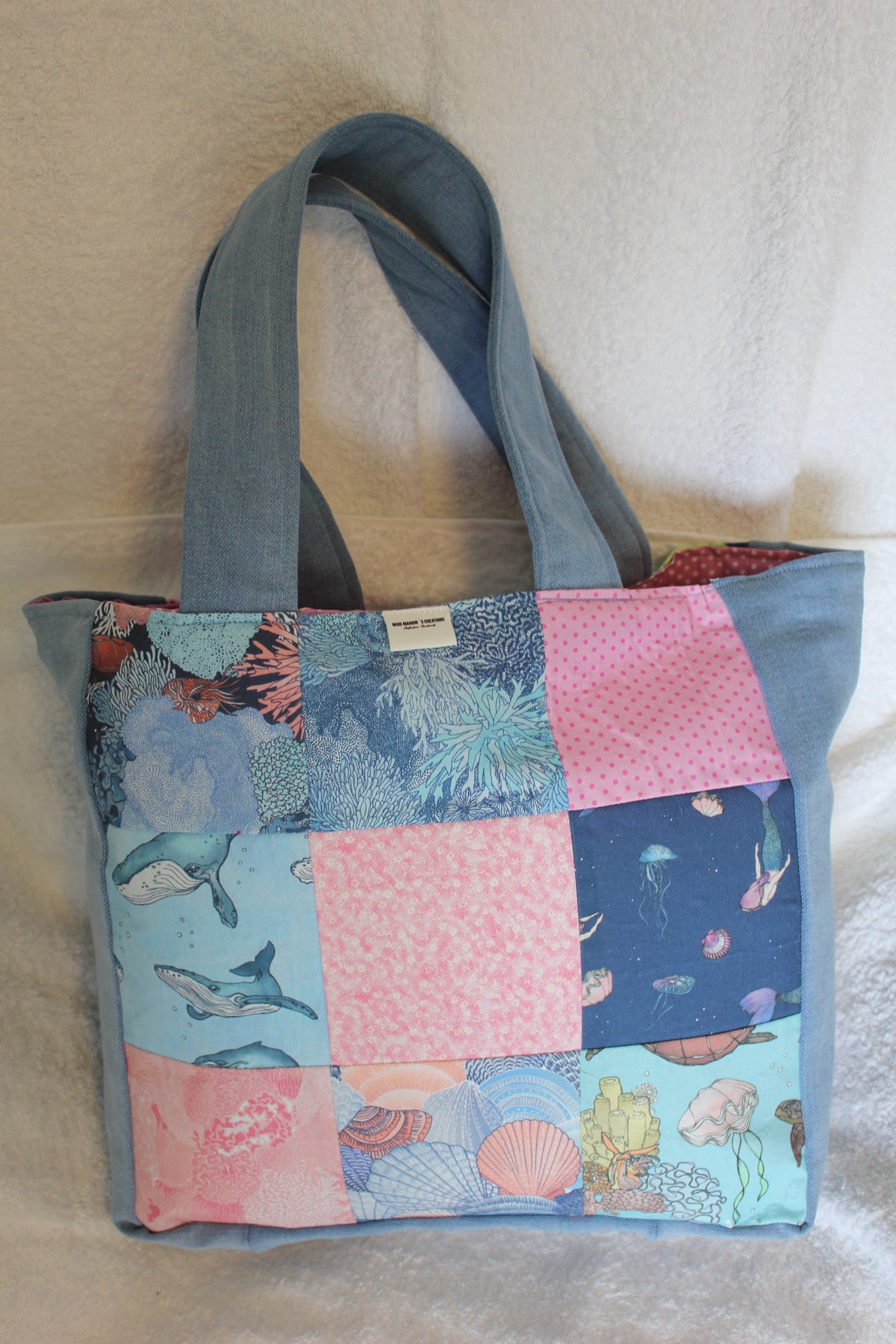 'UNDER THE SEA' TOTE BAG - LIGHT BLUE DENIM - FLAT HANDLES