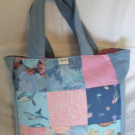 'UNDER THE SEA' TOTE BAG - LIGHT BLUE DENIM - FLAT HANDLES