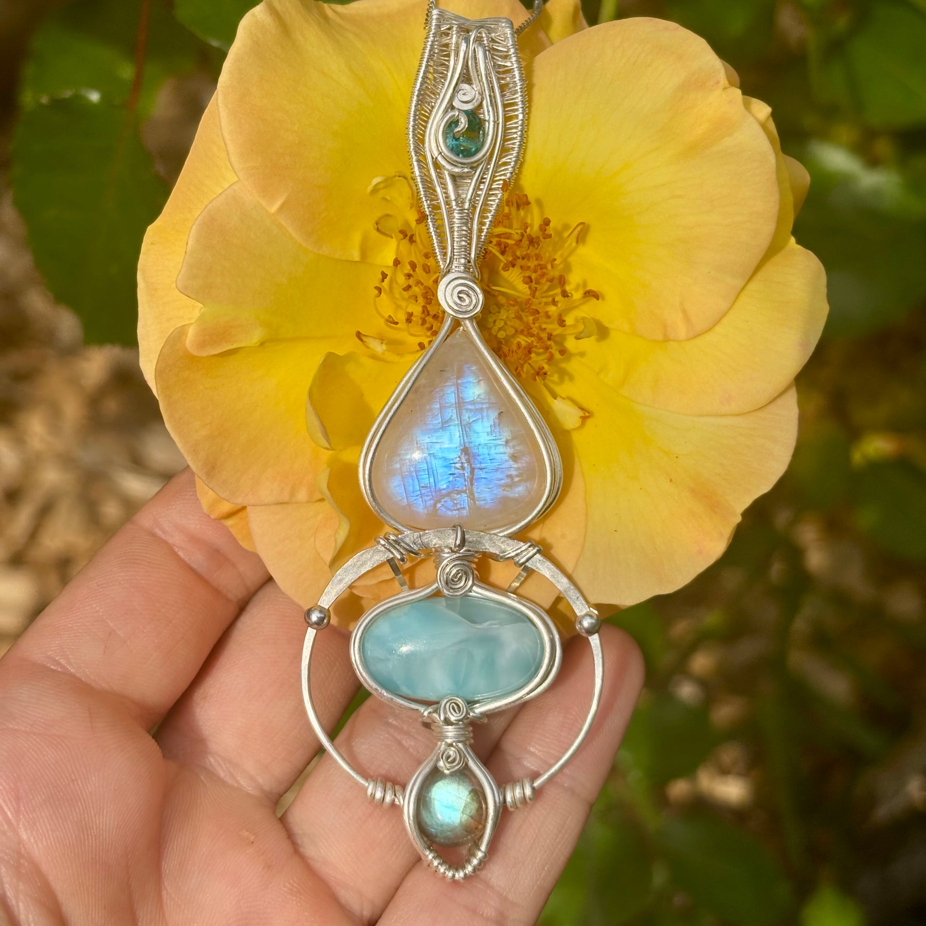 Moonstone, Tooaz, Larimar, Labradorite Crystal pendant in silver