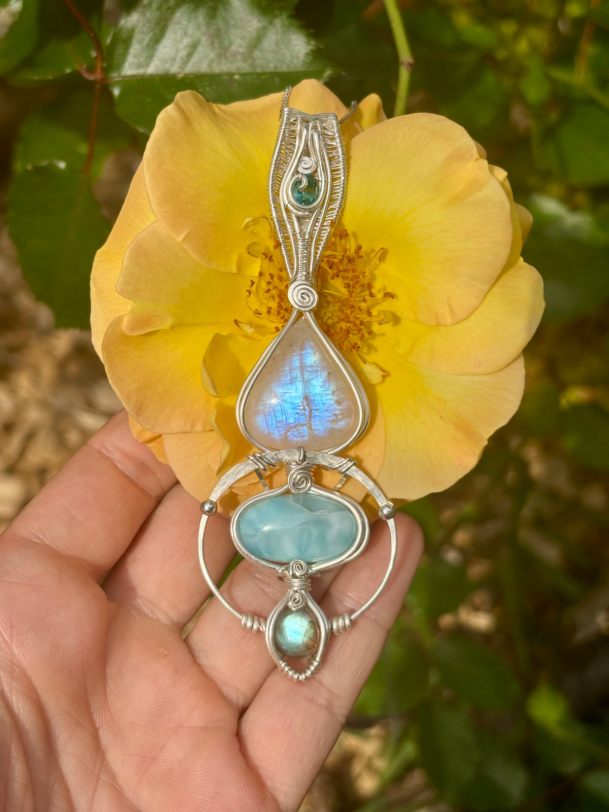 Moonstone, Tooaz, Larimar, Labradorite Crystal pendant in silver