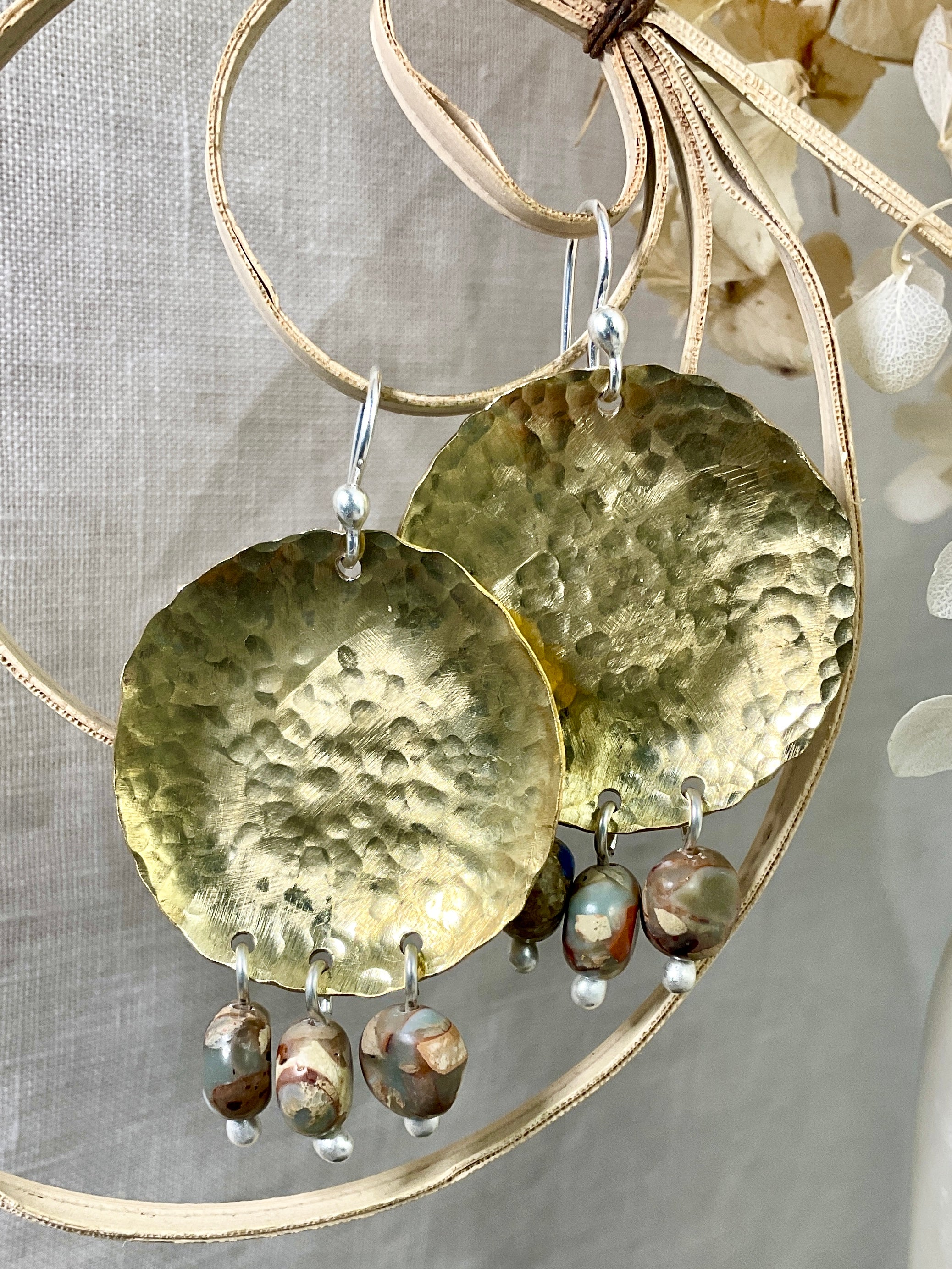 Brass disc earrings with gemstones. Handmade