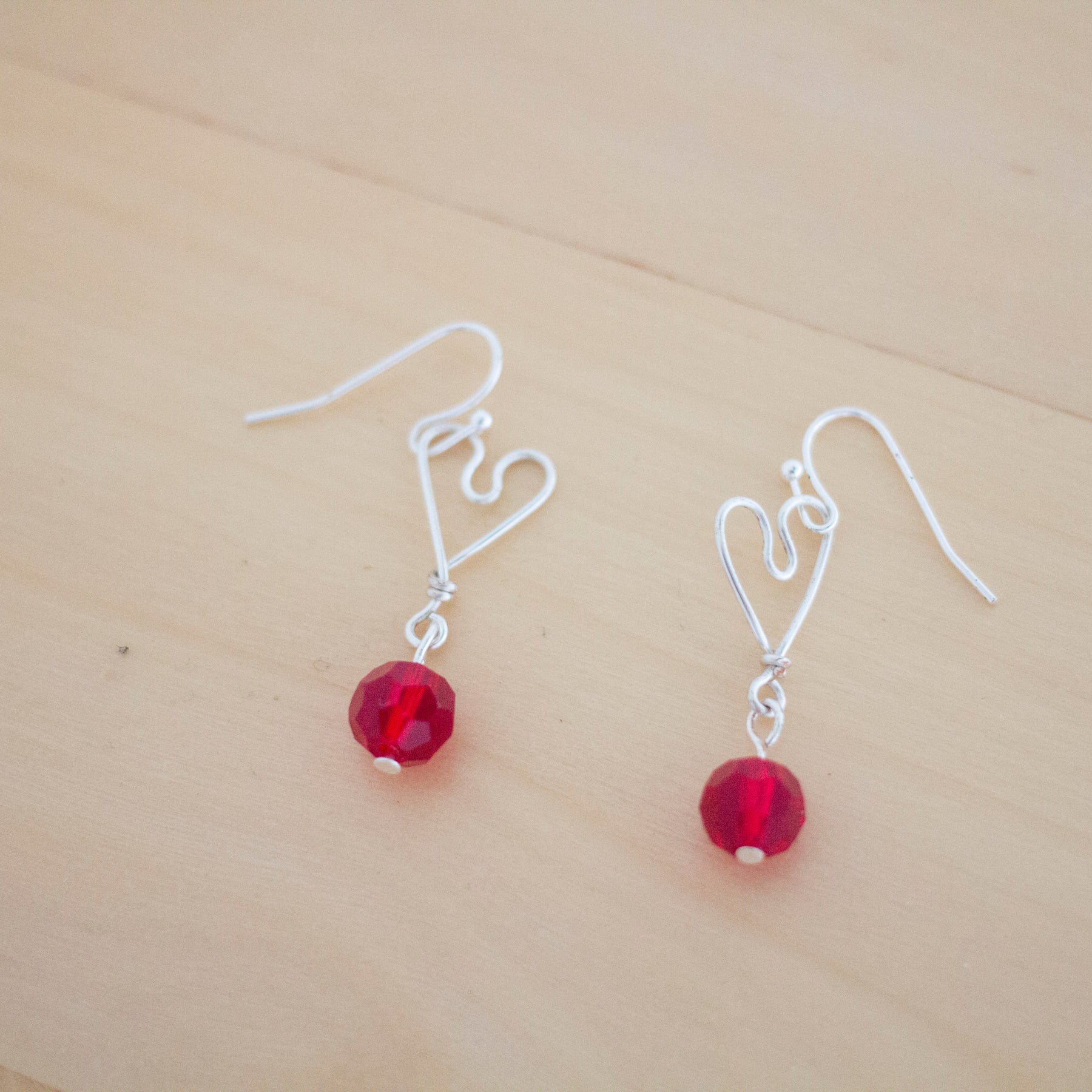 Silver Heart and Red Crystal Pendant Necklace and Earrings Set