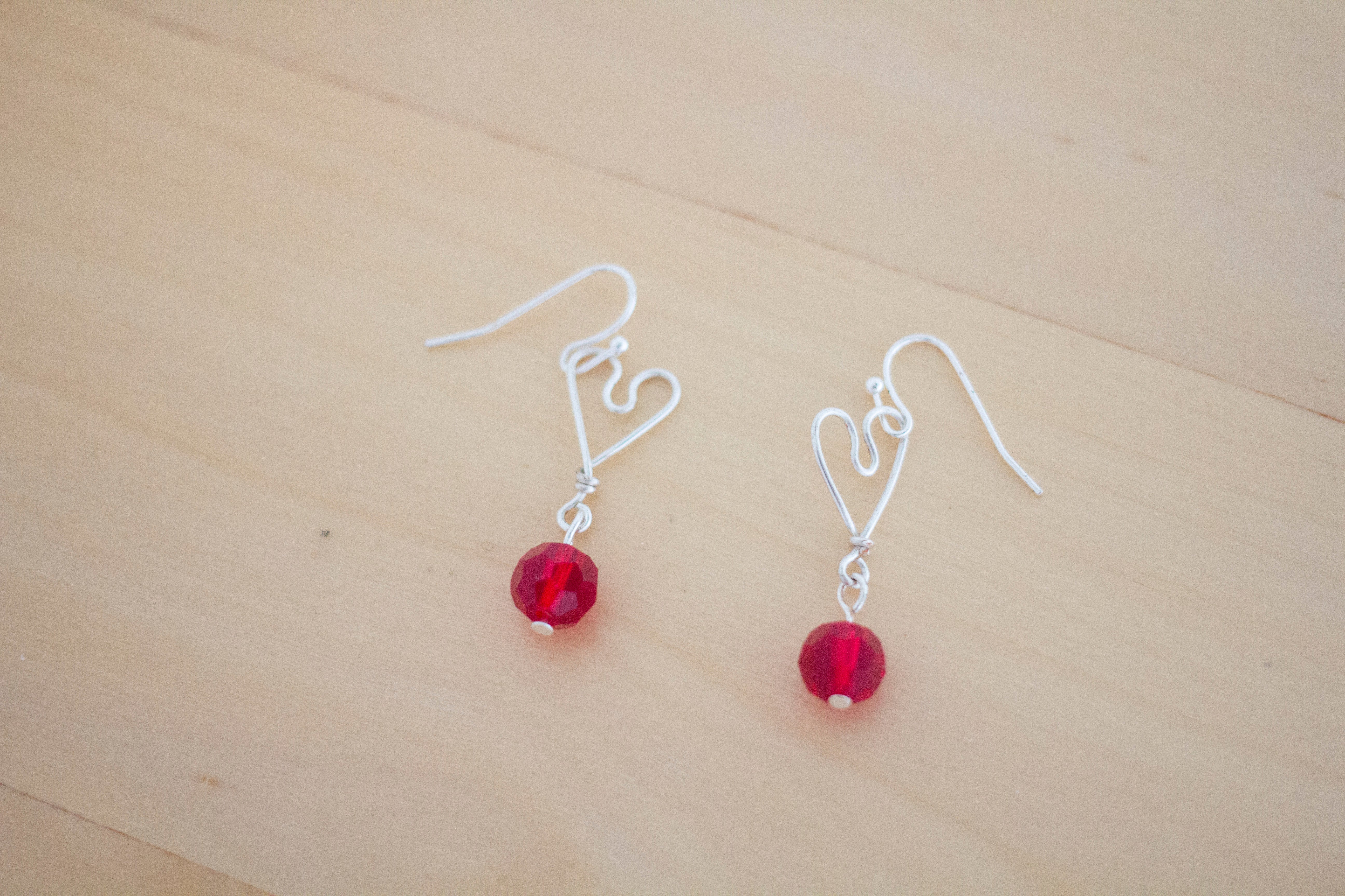 Silver Heart and Red Crystal Pendant Necklace and Earrings Set