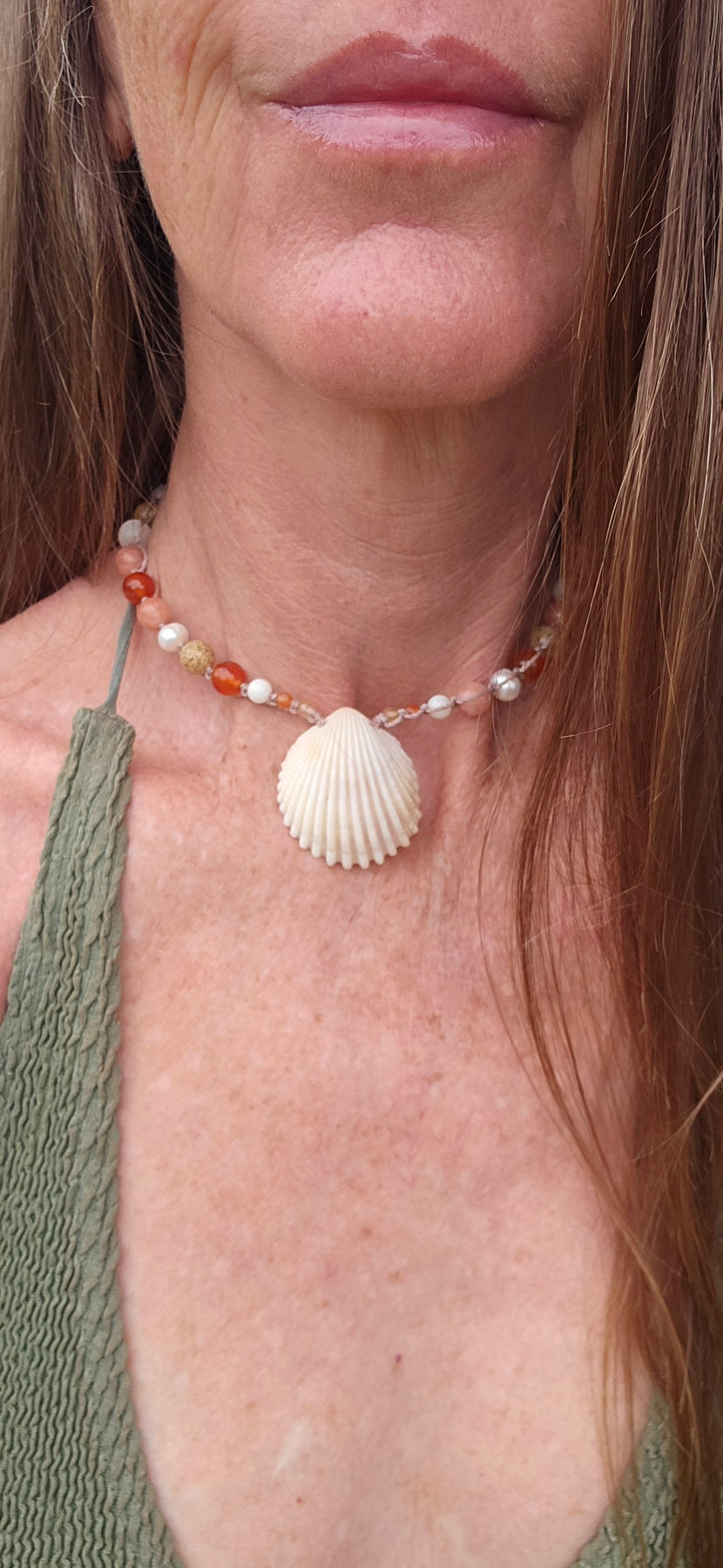 Cockle Shell Necklace Adjustable with Pearls and Rare Ocean Agate