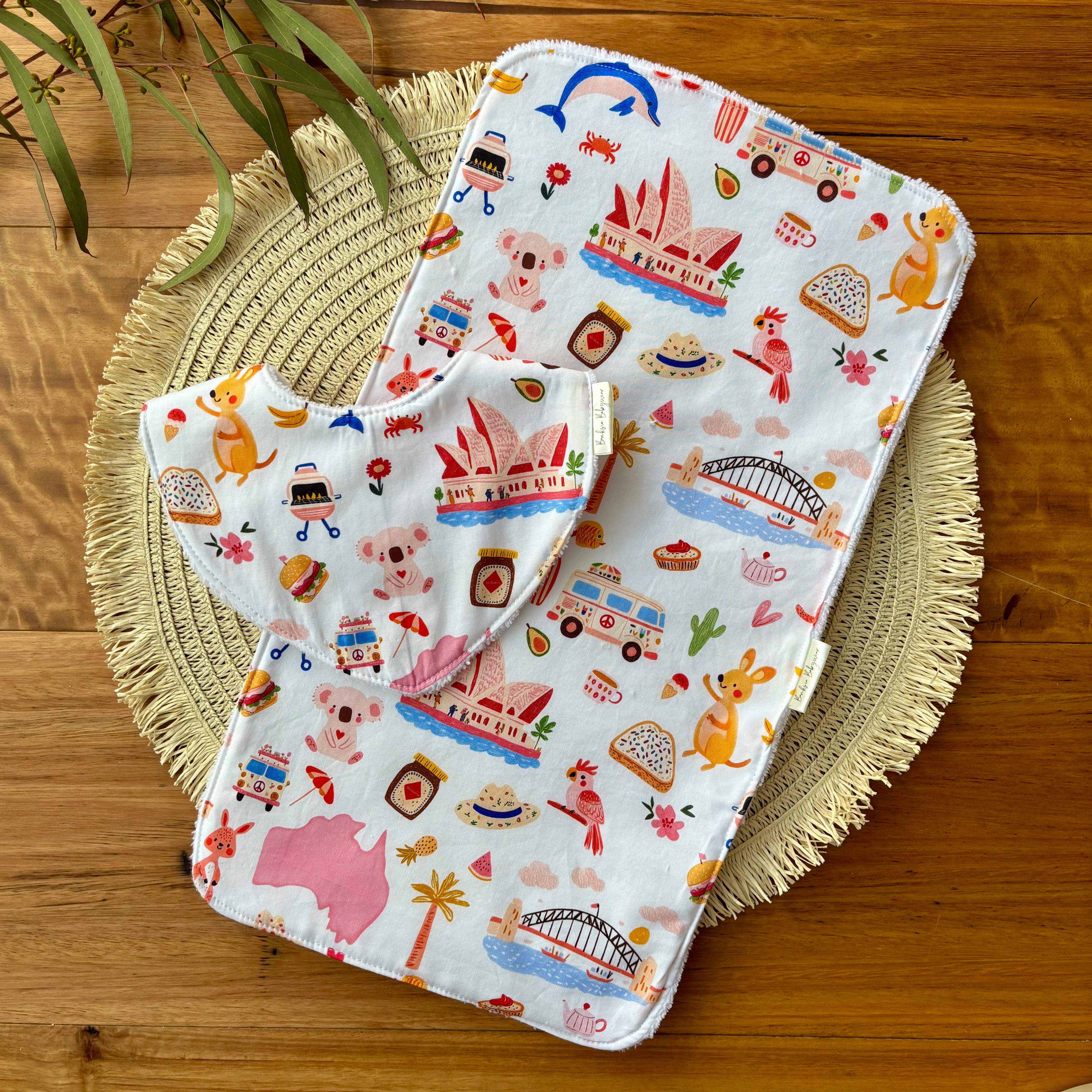 Baby Bib and Burp Cloth Set | Aussie All Over | Made to order