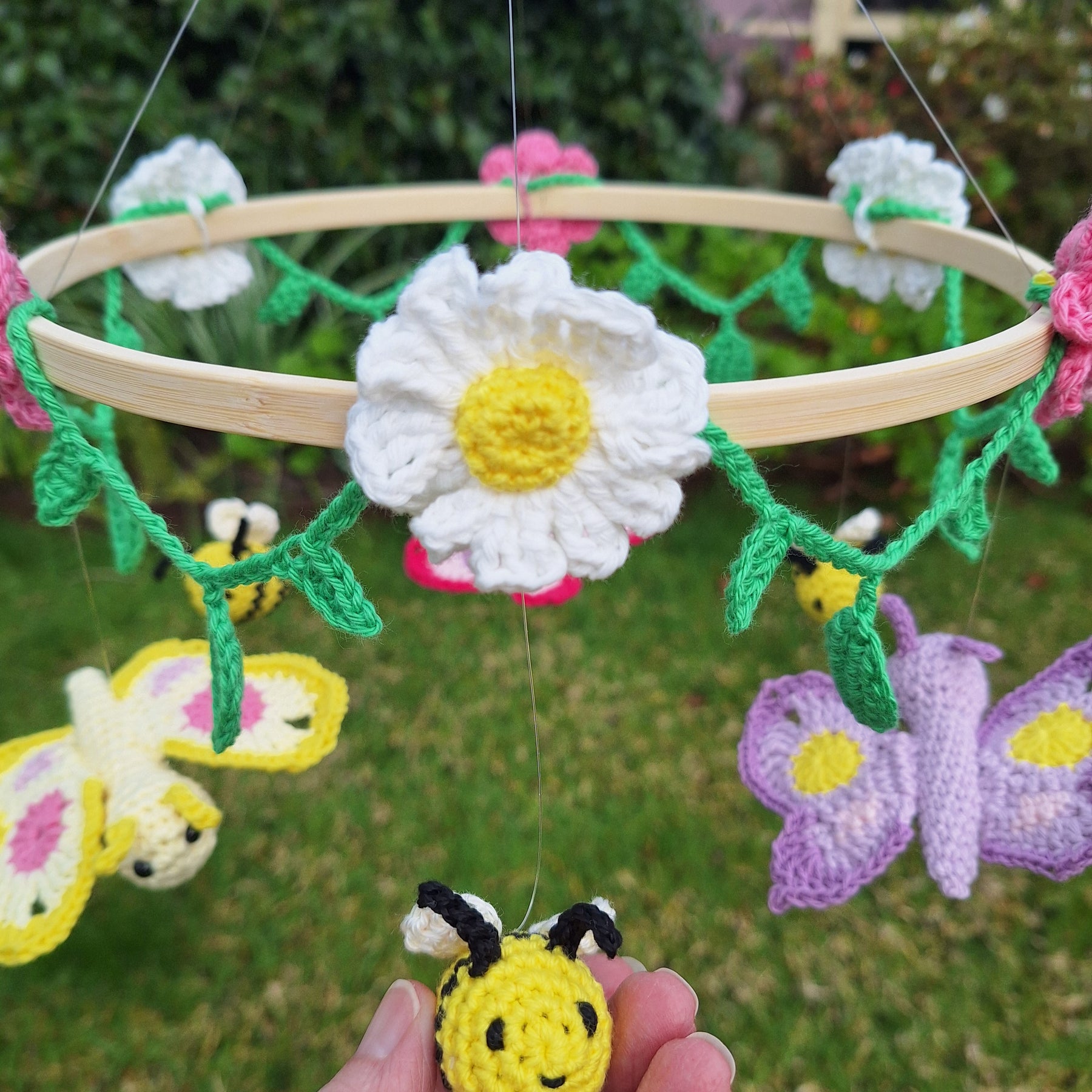 Crocheted Butterfly and Bee Springtime mobile