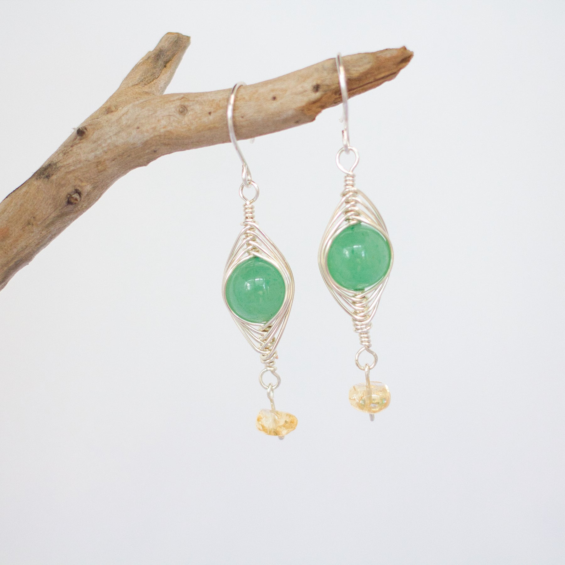 Green Aventurine and Citrine Earrings | Gemstone Wire Wrap Jewellery