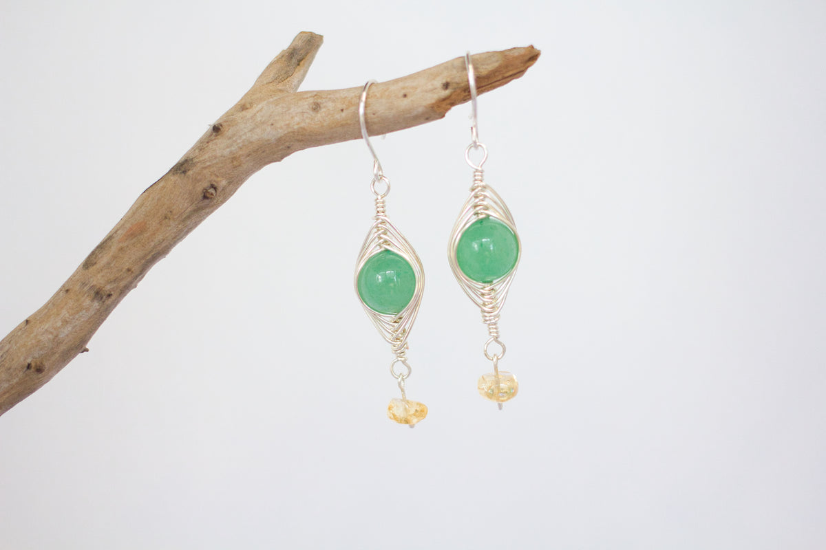 Green Aventurine and Citrine Earrings | Gemstone Wire Wrap Jewellery