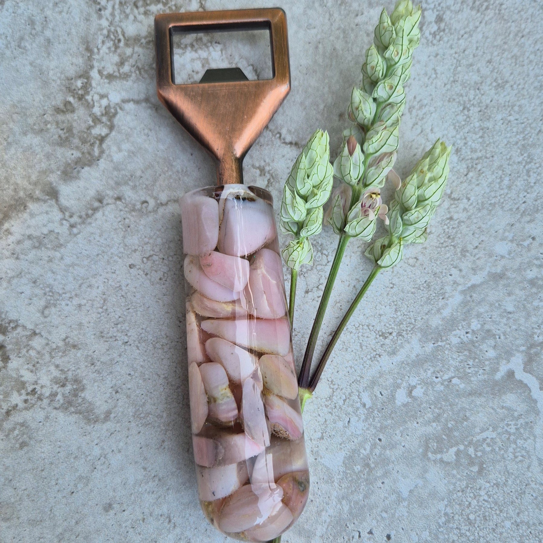 Handmade Resin Bottle Opener with embedded Pink Opal