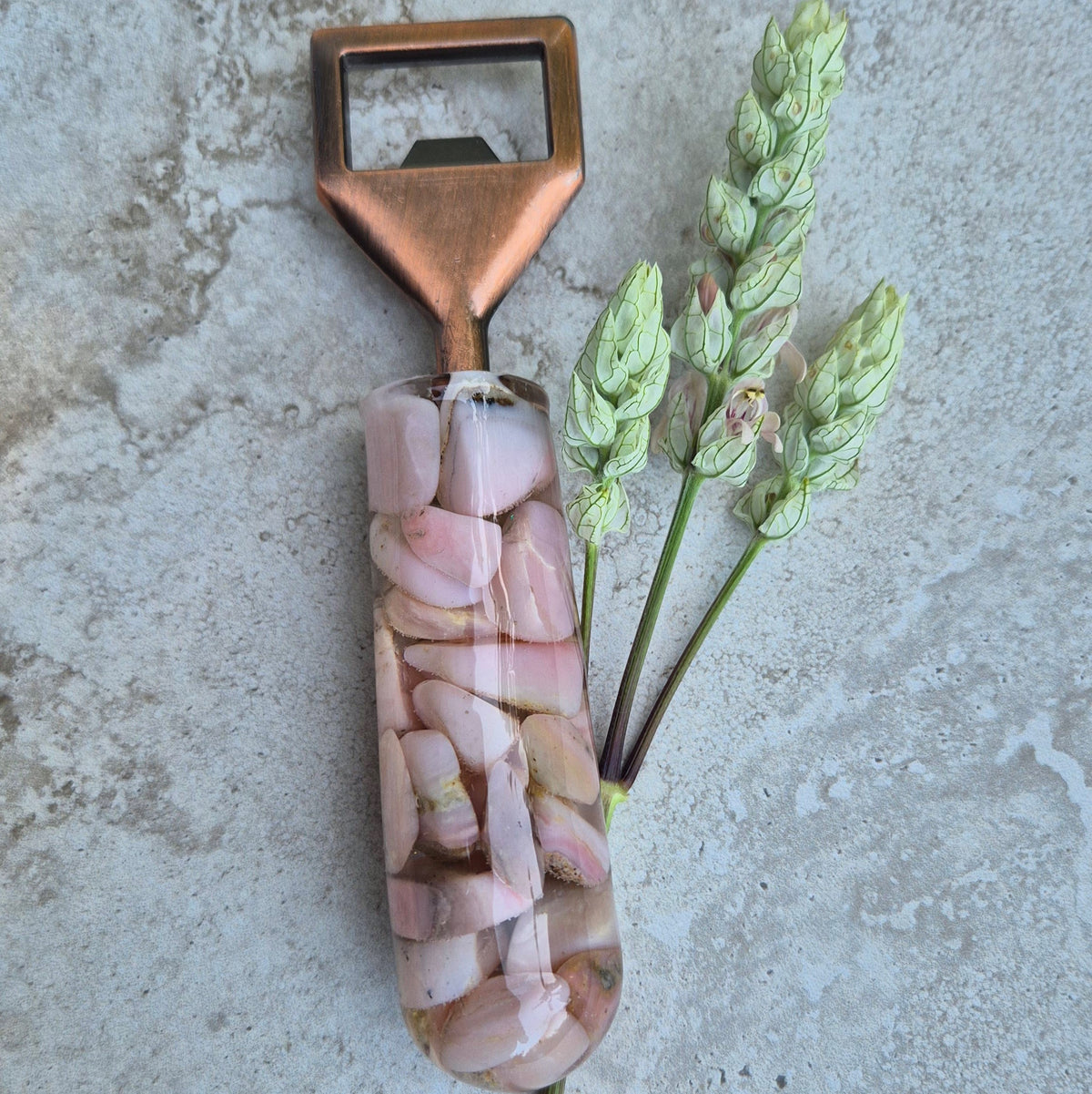 Handmade Resin Bottle Opener with embedded Pink Opal
