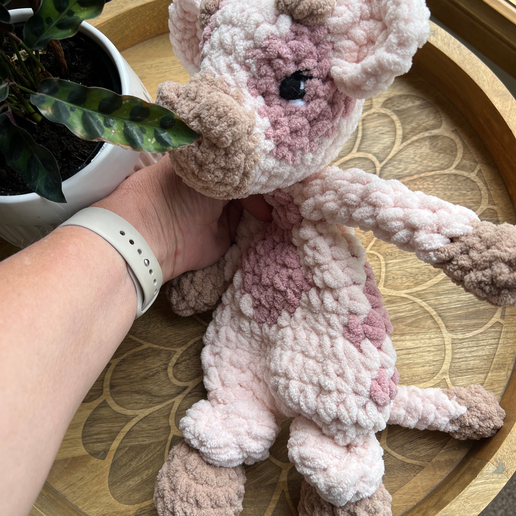 Handmade pink crochet cow lovey snuggler baby safe.
