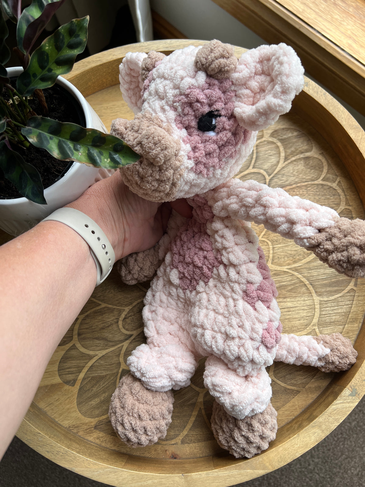 Handmade pink crochet cow lovey snuggler baby safe.