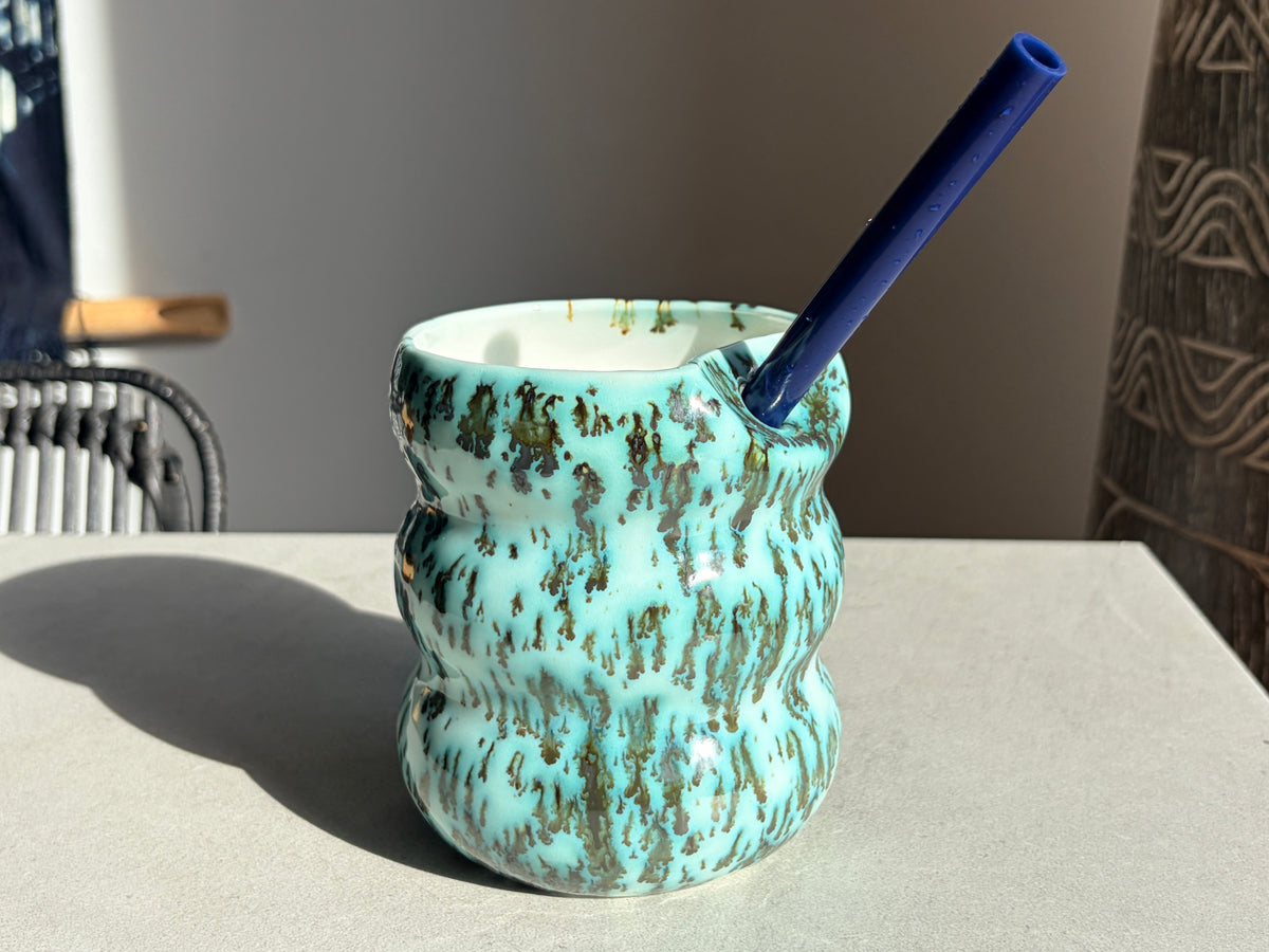 Handcrafted Porcelain Tumbler with Silicon Straw, 600mL Bubble Cup in Moss Glaze