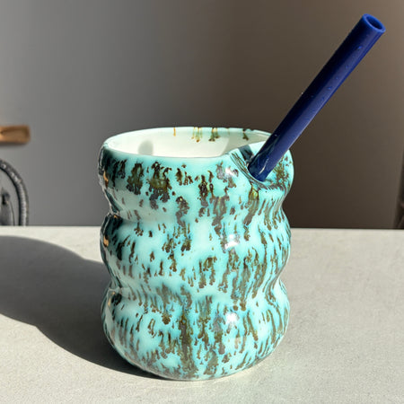Handcrafted Porcelain Tumbler with Silicon Straw, 600mL Bubble Cup in Moss Glaze
