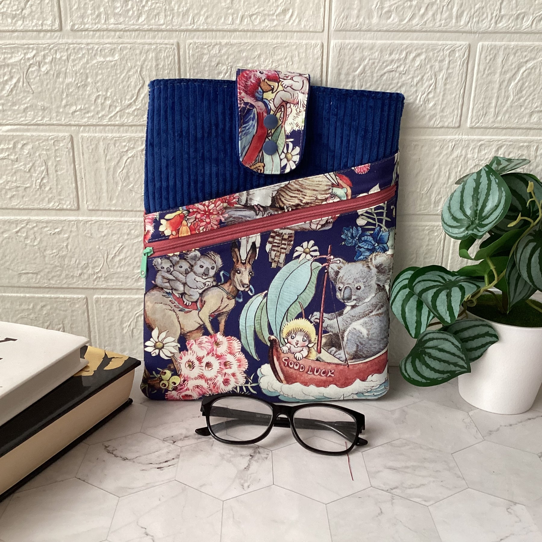 May Gibbs Gumnut Adventures fabric book sleeve with 2 pockets. iPad, tablet pouch